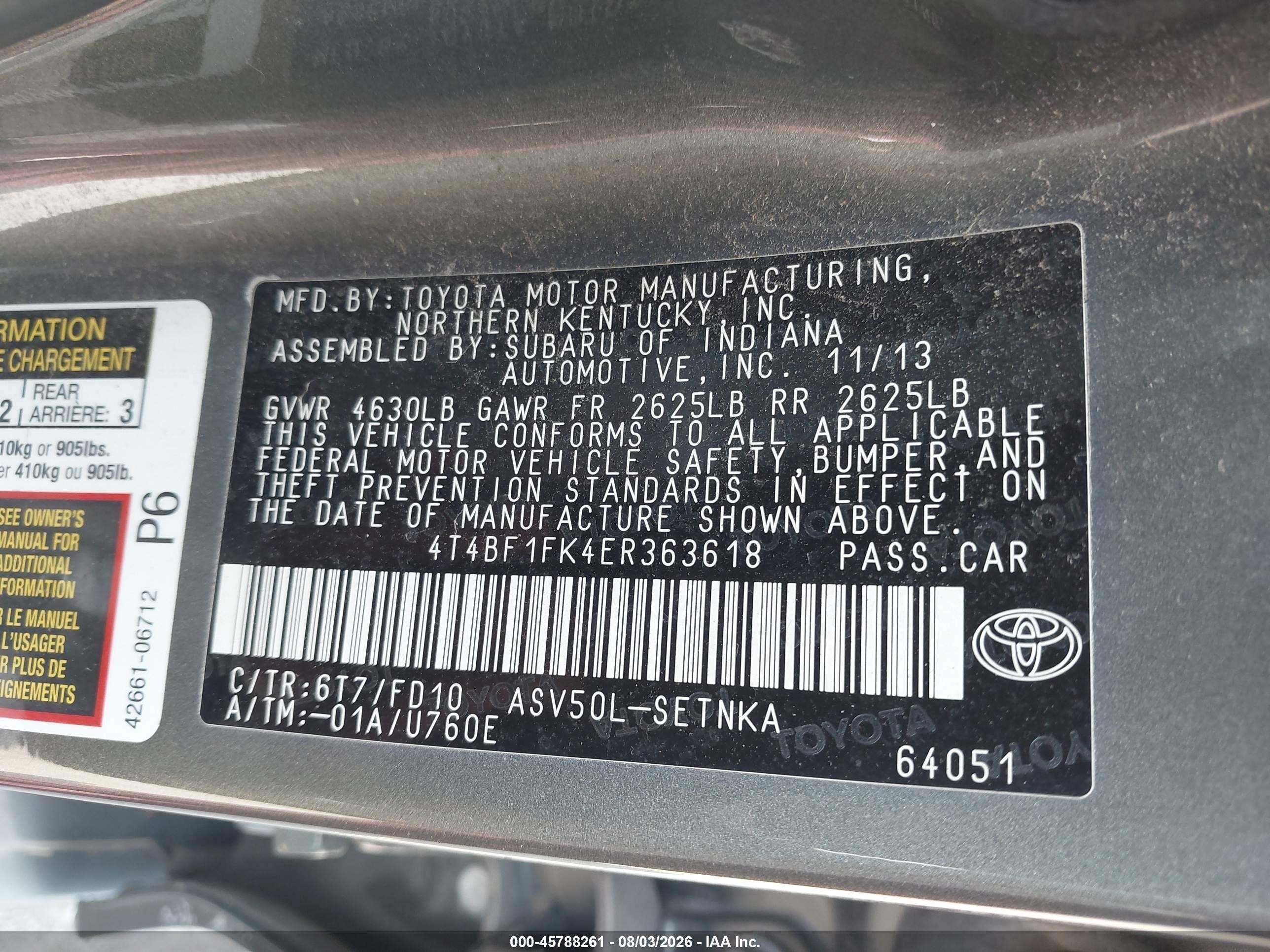 2014 Toyota Camry Le Gray vin: 4T4BF1FK4ER363618