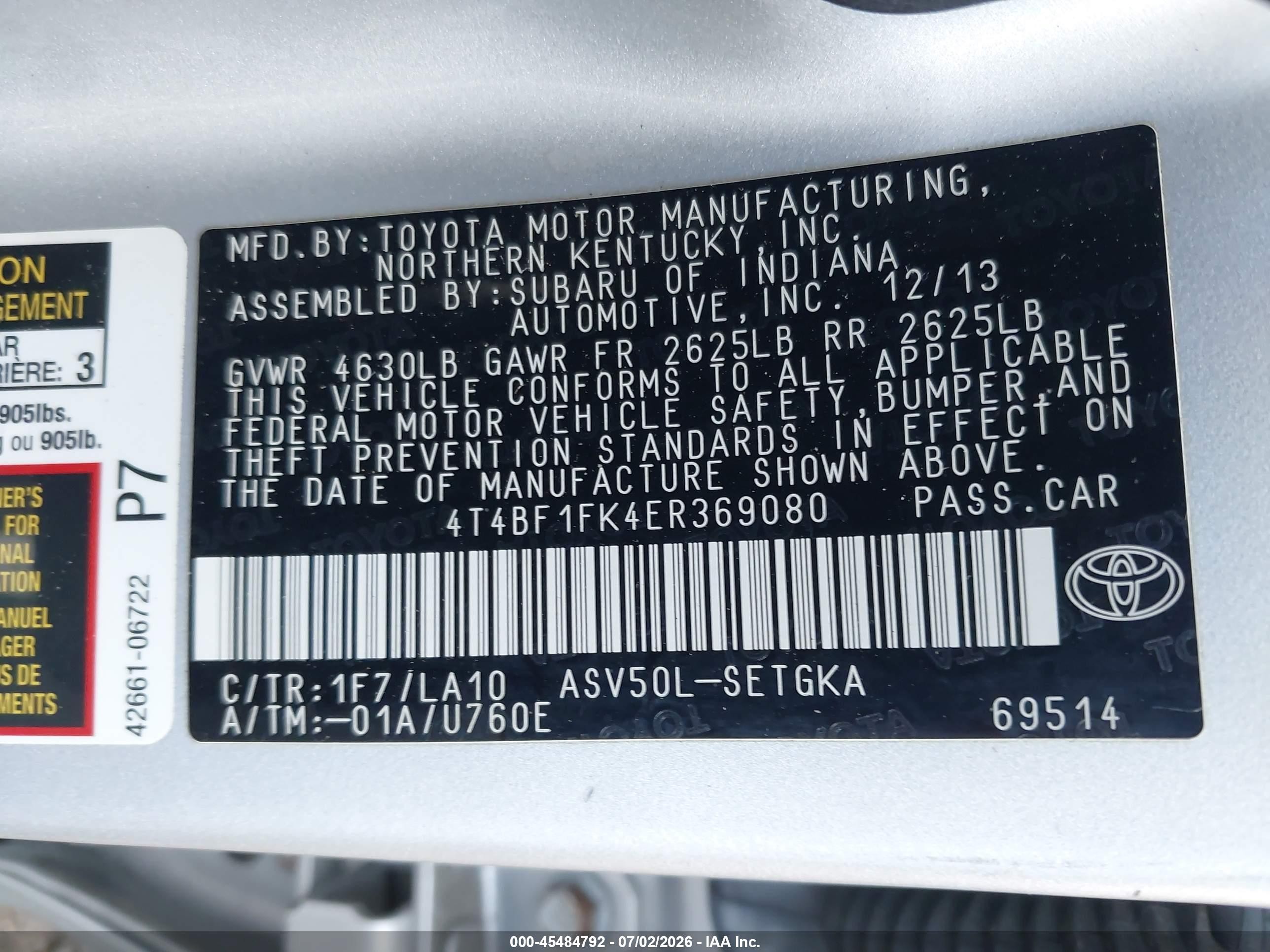 2014 Toyota Camry Xle Silver vin: 4T4BF1FK4ER369080