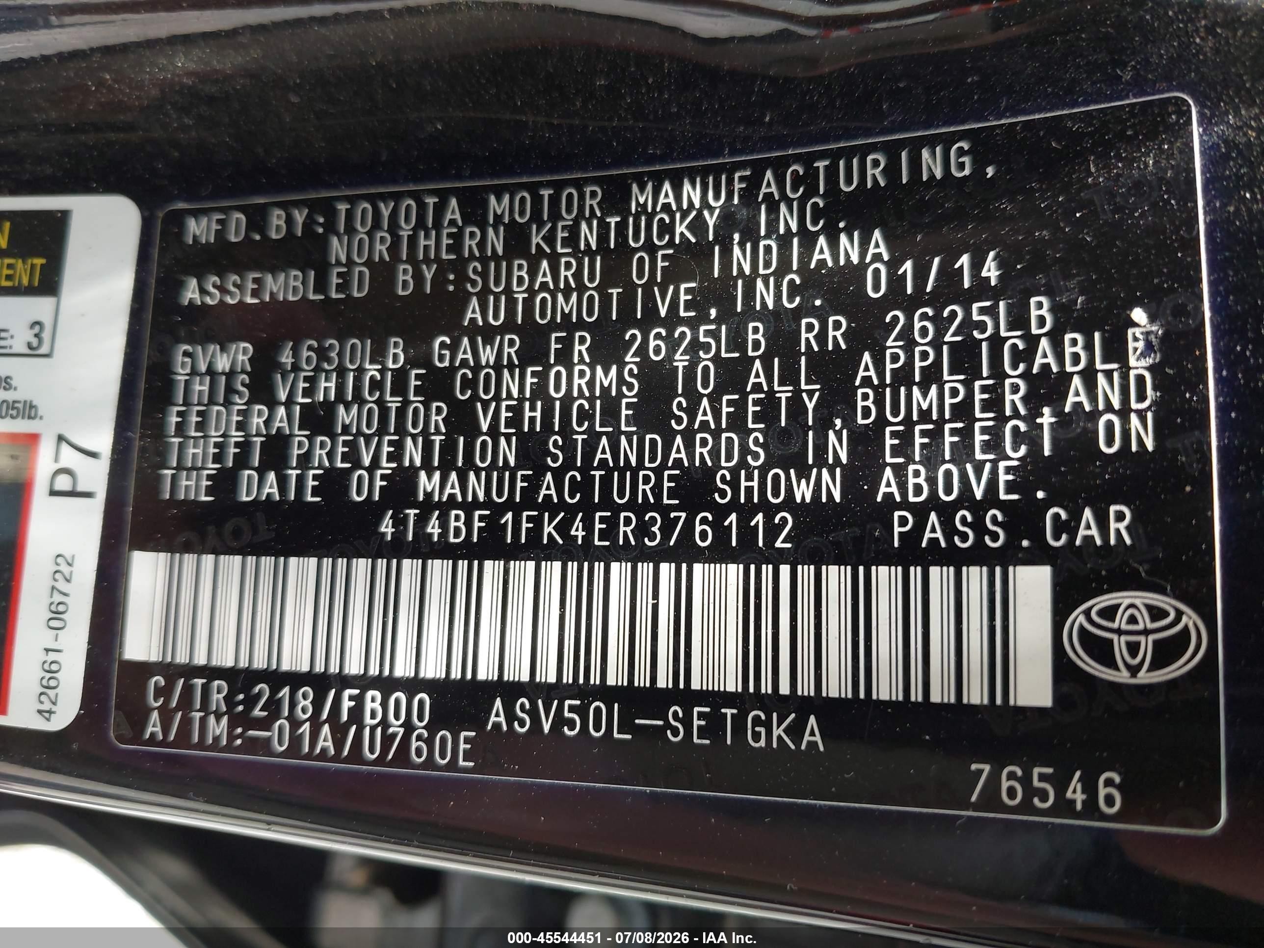 2014 Toyota Camry Xle Black vin: 4T4BF1FK4ER376112
