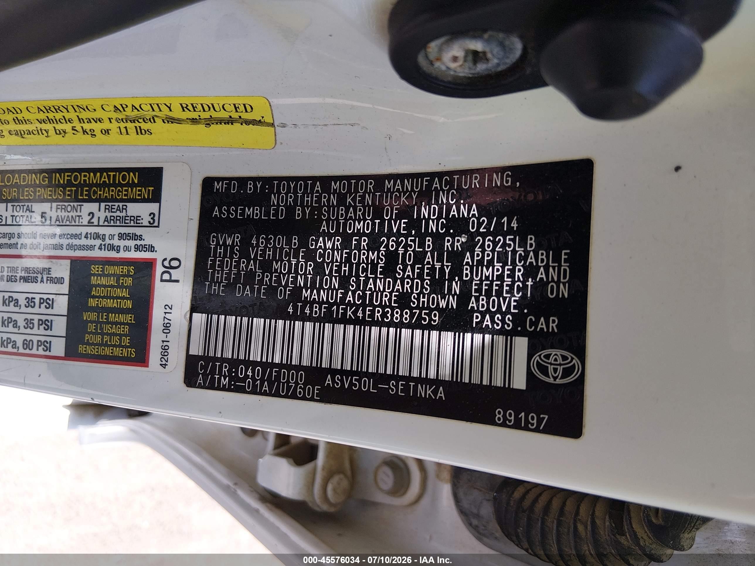 2014 Toyota Camry Le White vin: 4T4BF1FK4ER388759