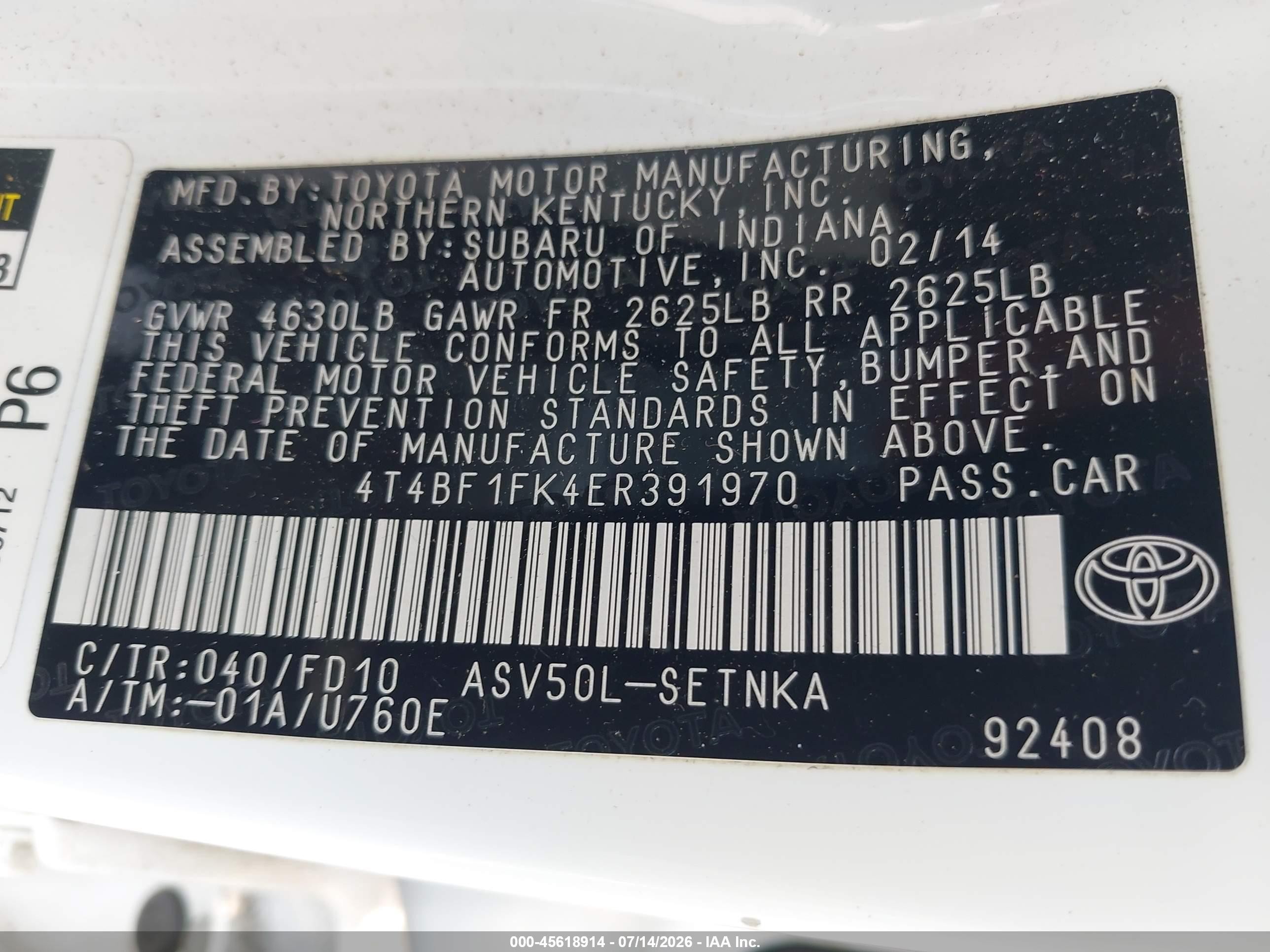 2014 Toyota Camry Le White vin: 4T4BF1FK4ER391970