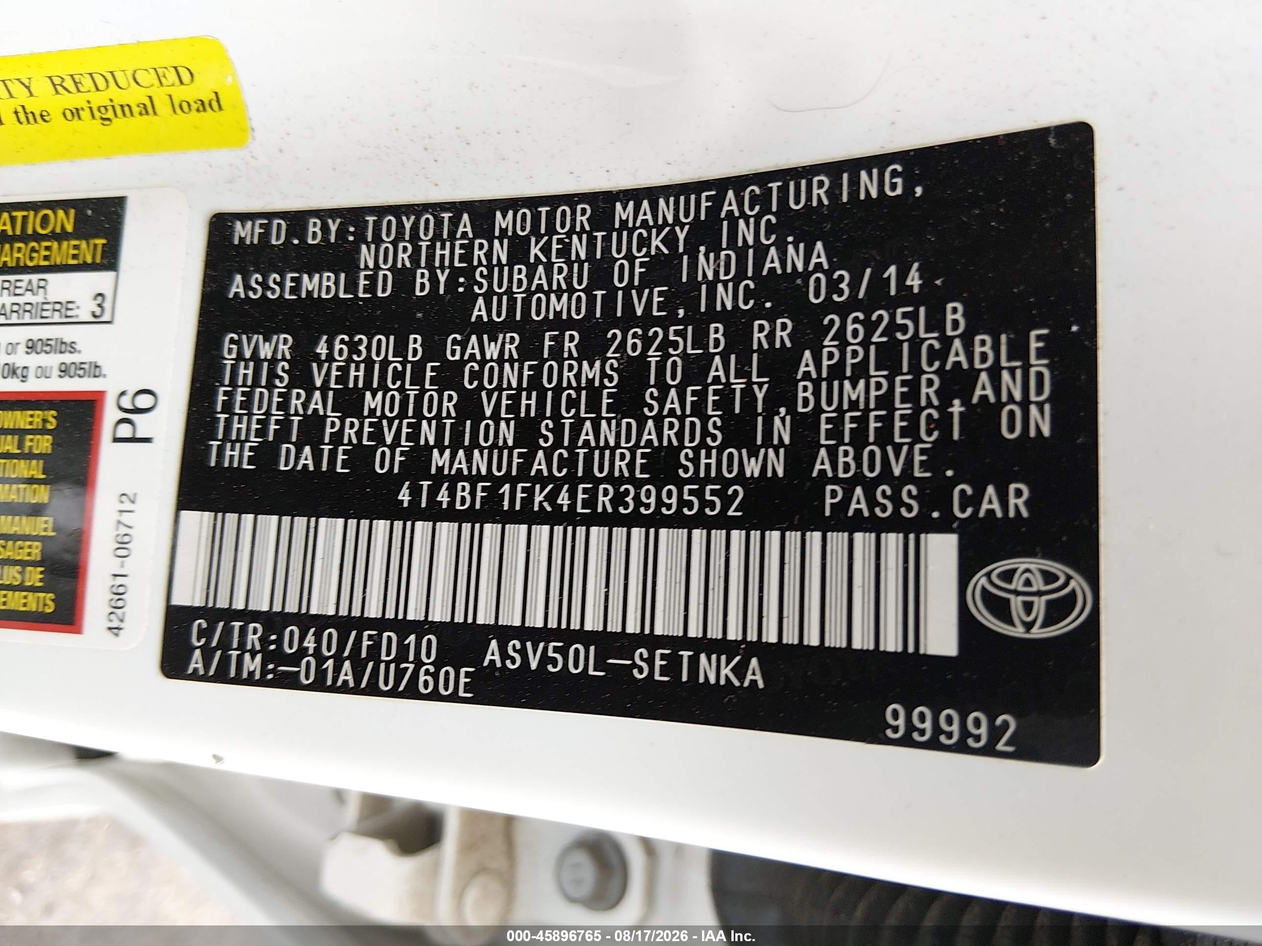 2014 Toyota Camry Le White vin: 4T4BF1FK4ER399552