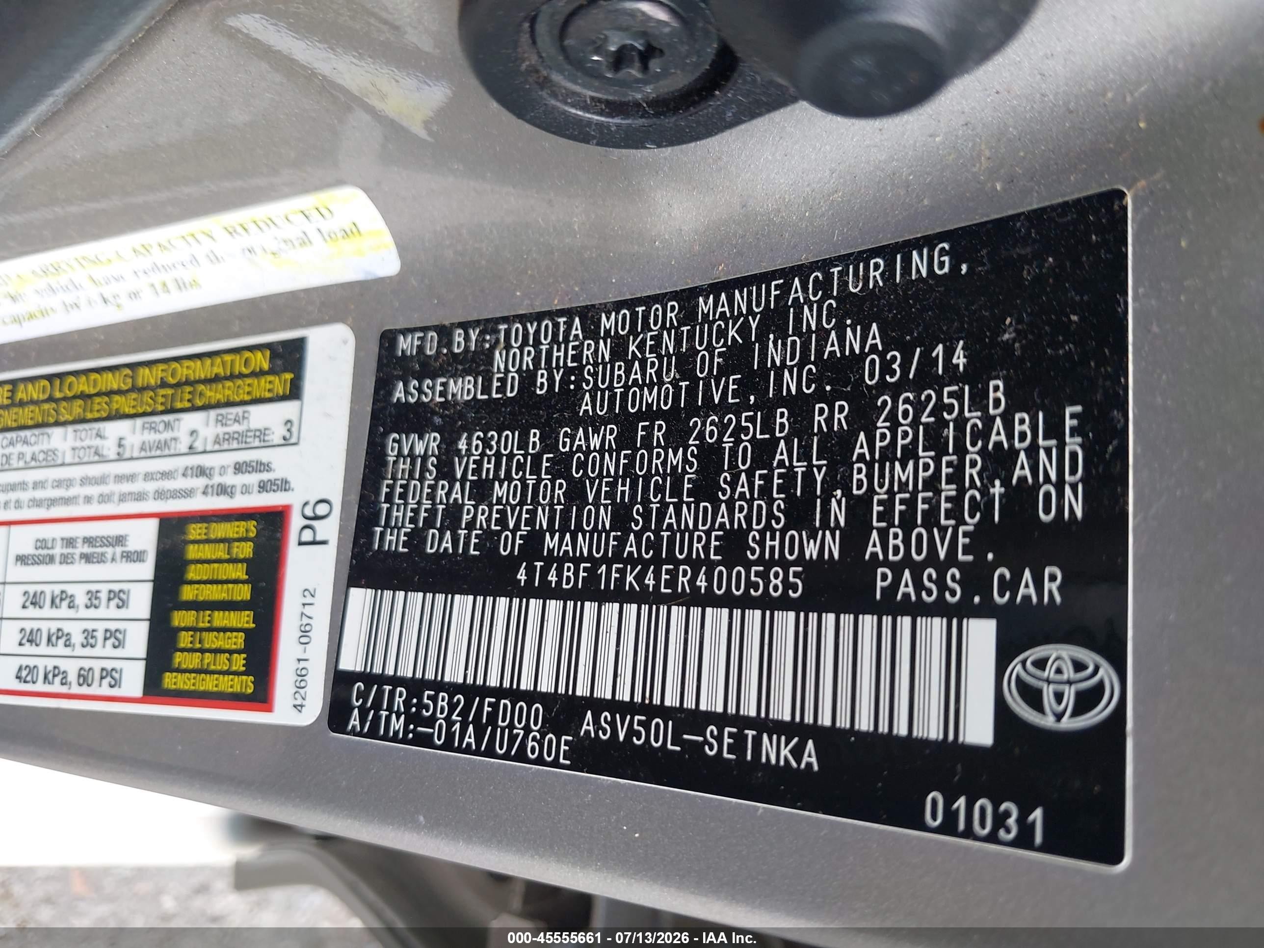 2014 Toyota Camry Le Silver vin: 4T4BF1FK4ER400585