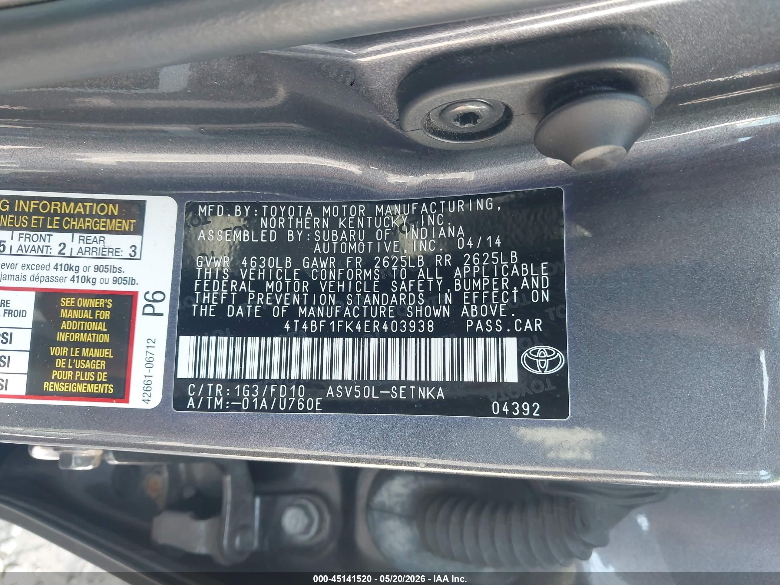 2014 Toyota Camry Le Gray vin: 4T4BF1FK4ER403938