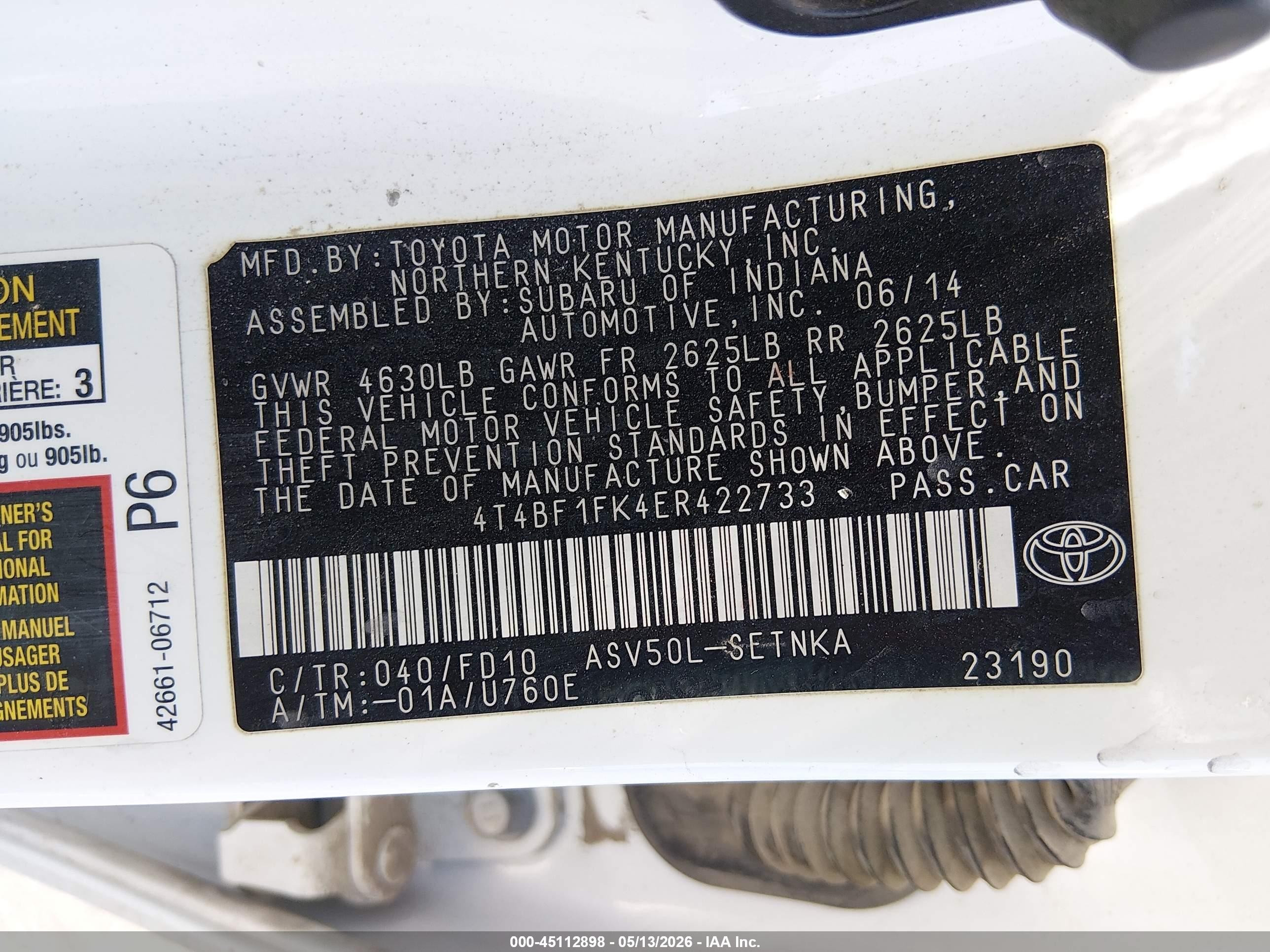 2014 Toyota Camry Le White vin: 4T4BF1FK4ER422733