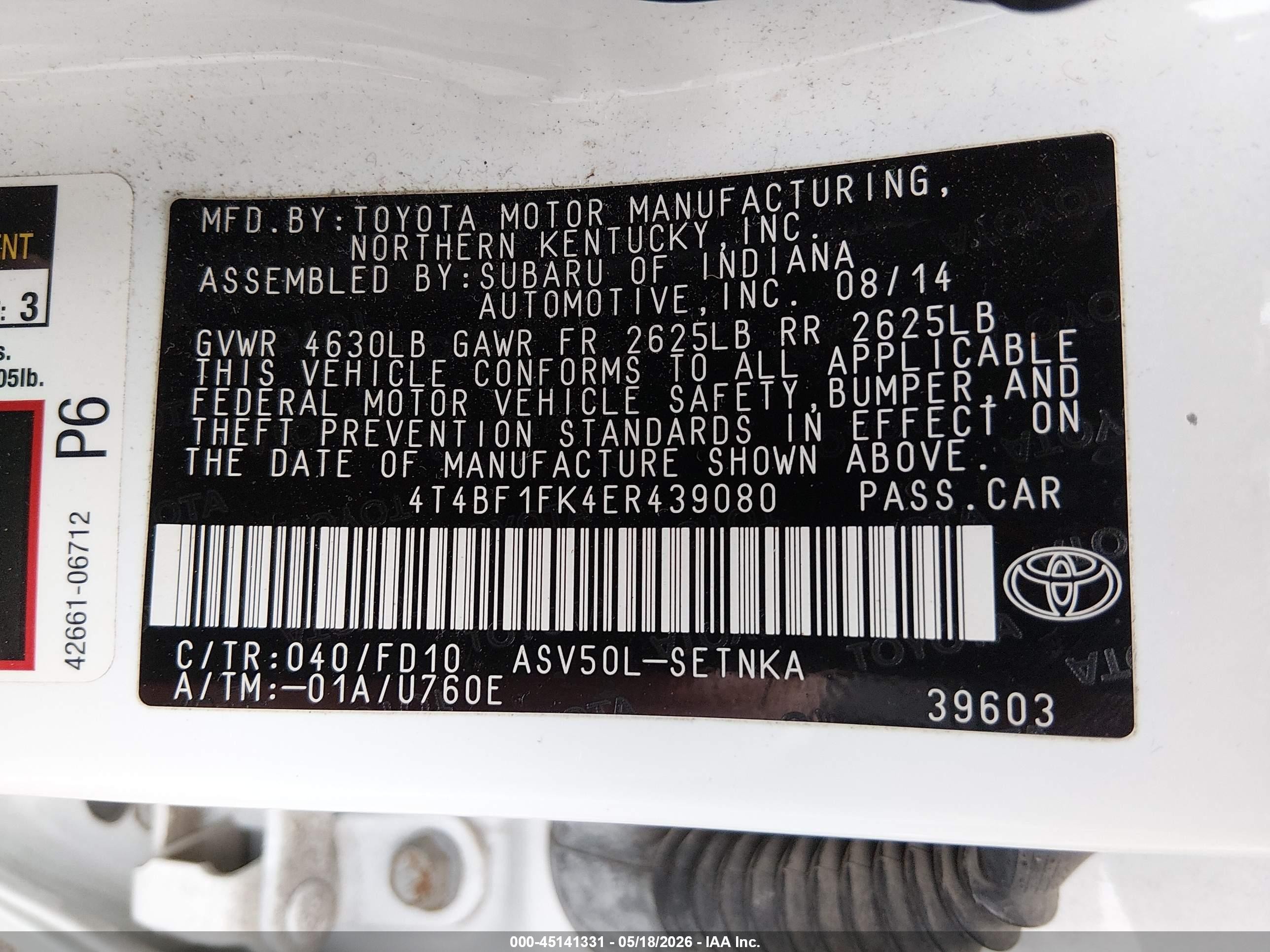 2014 Toyota Camry Le White vin: 4T4BF1FK4ER439080