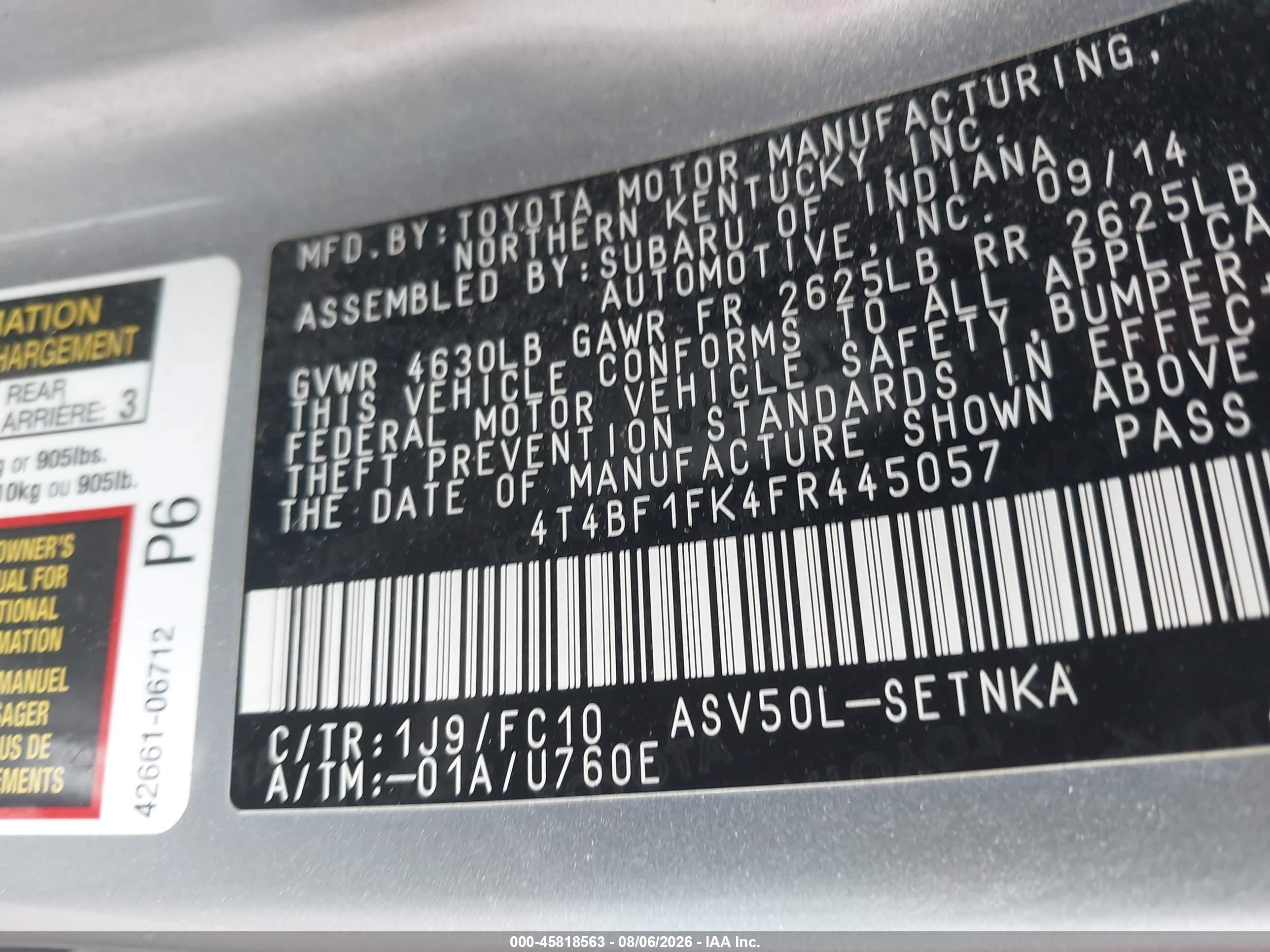 2015 Toyota Camry Le Серебряный vin: 4T4BF1FK4FR445057