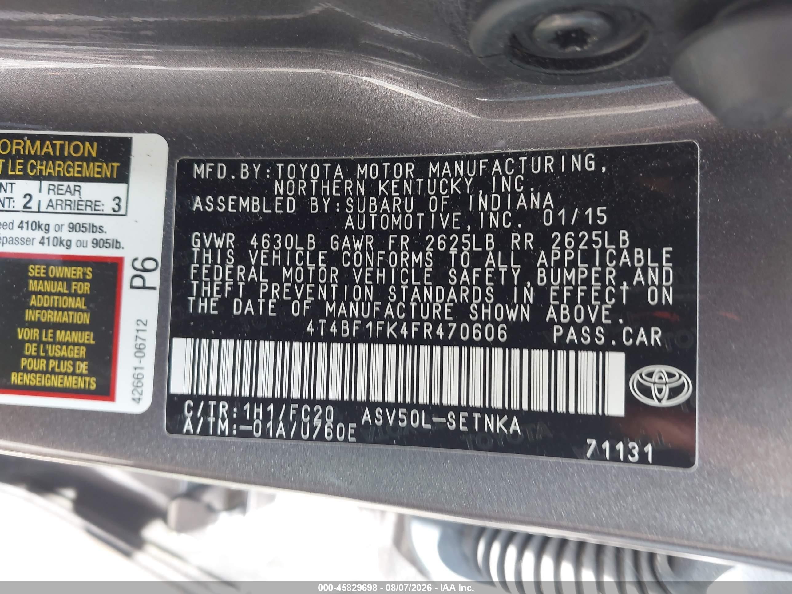 2015 Toyota Camry Le Gray vin: 4T4BF1FK4FR470606