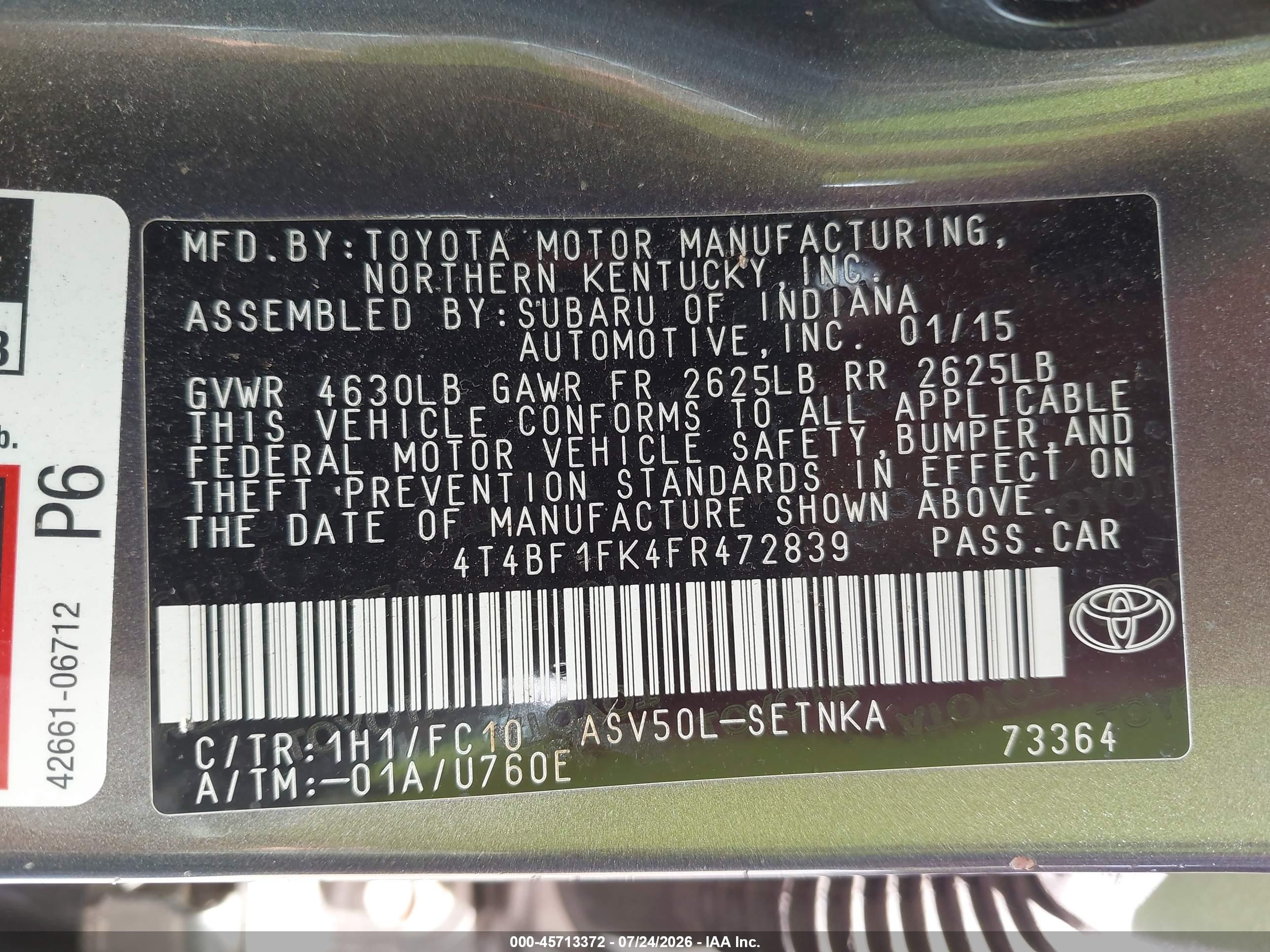 2015 Toyota Camry Le Gray vin: 4T4BF1FK4FR472839