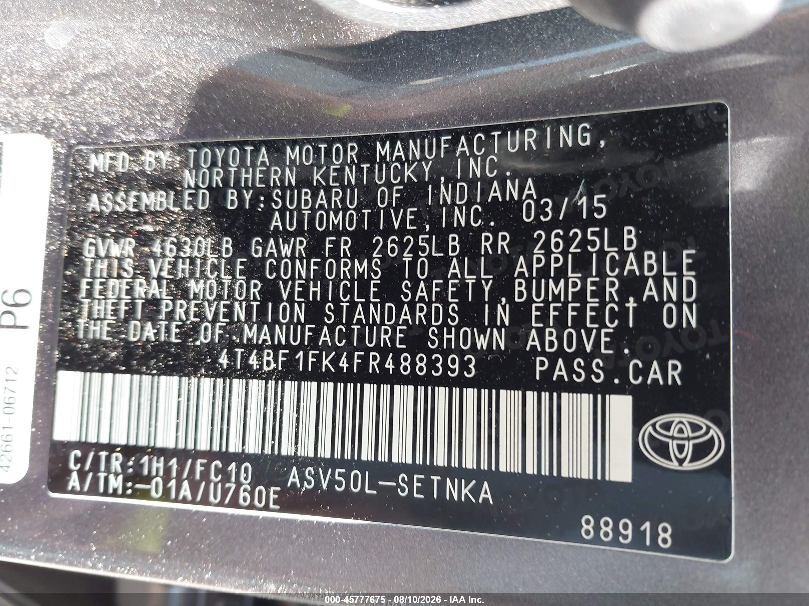 2015 Toyota Camry Le Gray vin: 4T4BF1FK4FR488393