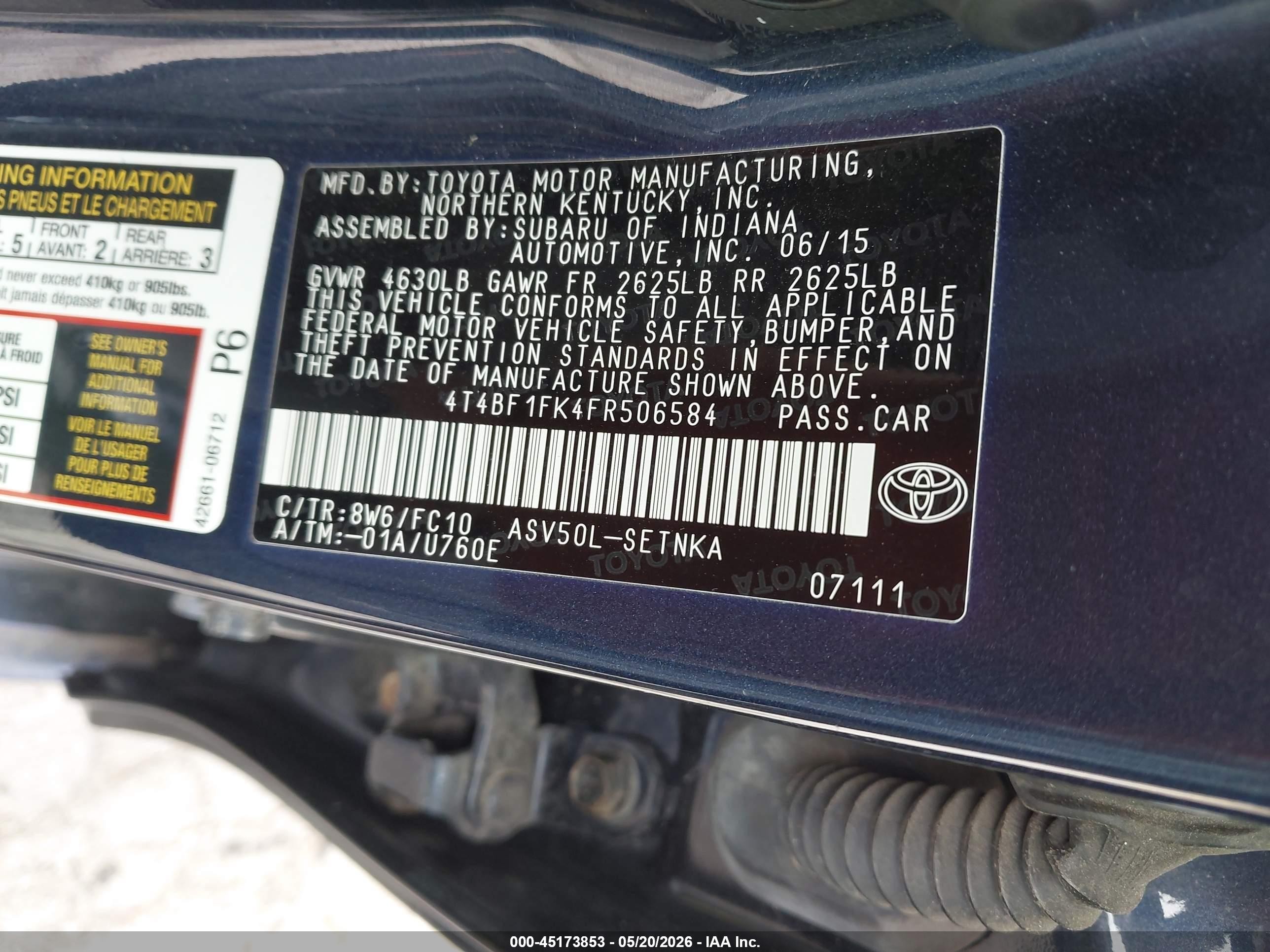 2015 Toyota Camry Le Blue vin: 4T4BF1FK4FR506584