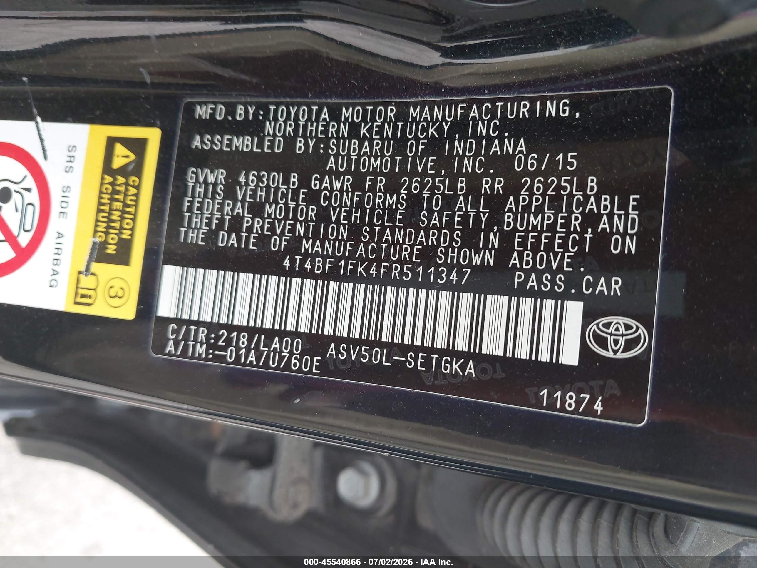 2015 Toyota Camry Xle Черный vin: 4T4BF1FK4FR511347