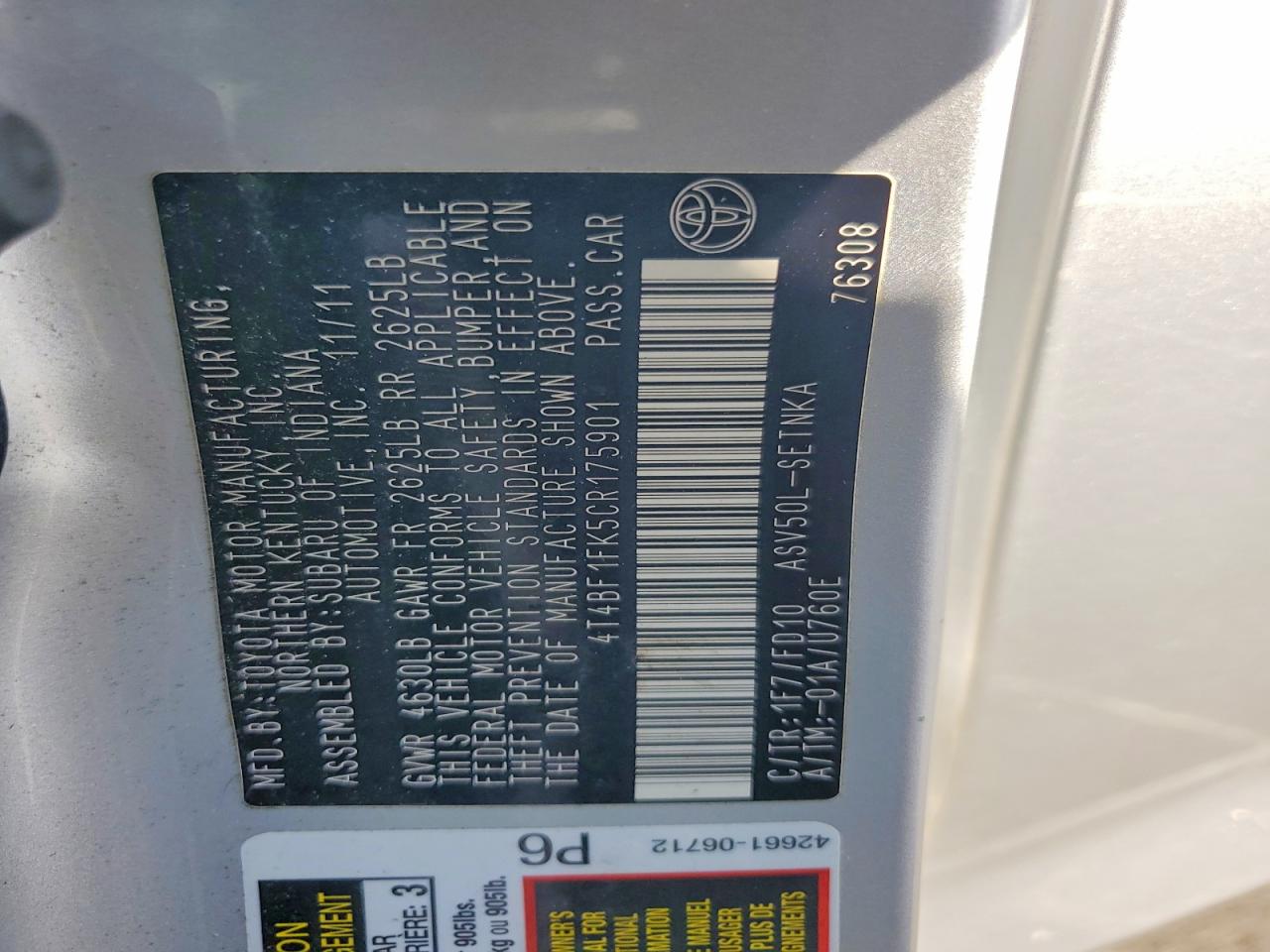 2012 Toyota Camry Le Silver vin: 4T4BF1FK5CR175901