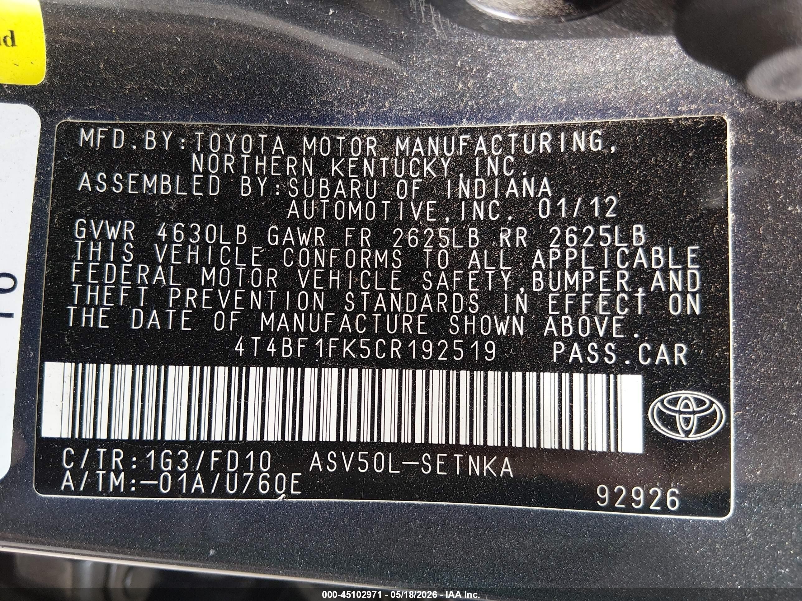 2012 Toyota Camry Le Gray vin: 4T4BF1FK5CR192519