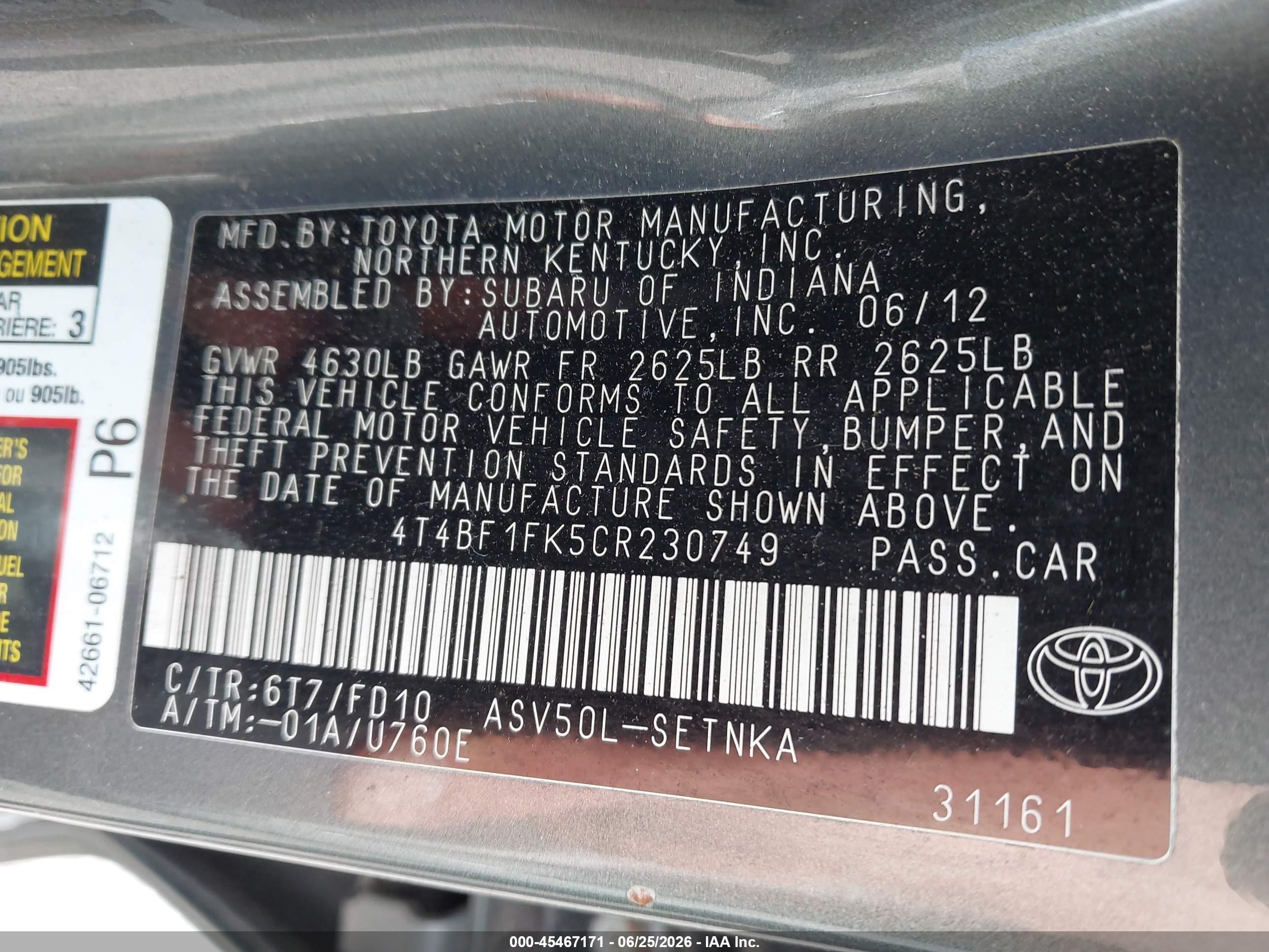 2012 Toyota Camry Le Gray vin: 4T4BF1FK5CR230749