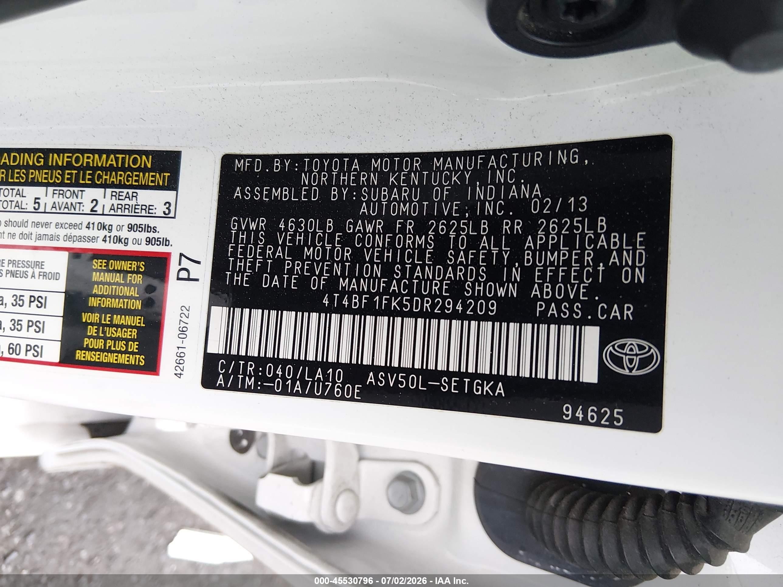 2013 Toyota Camry Xle White vin: 4T4BF1FK5DR294209