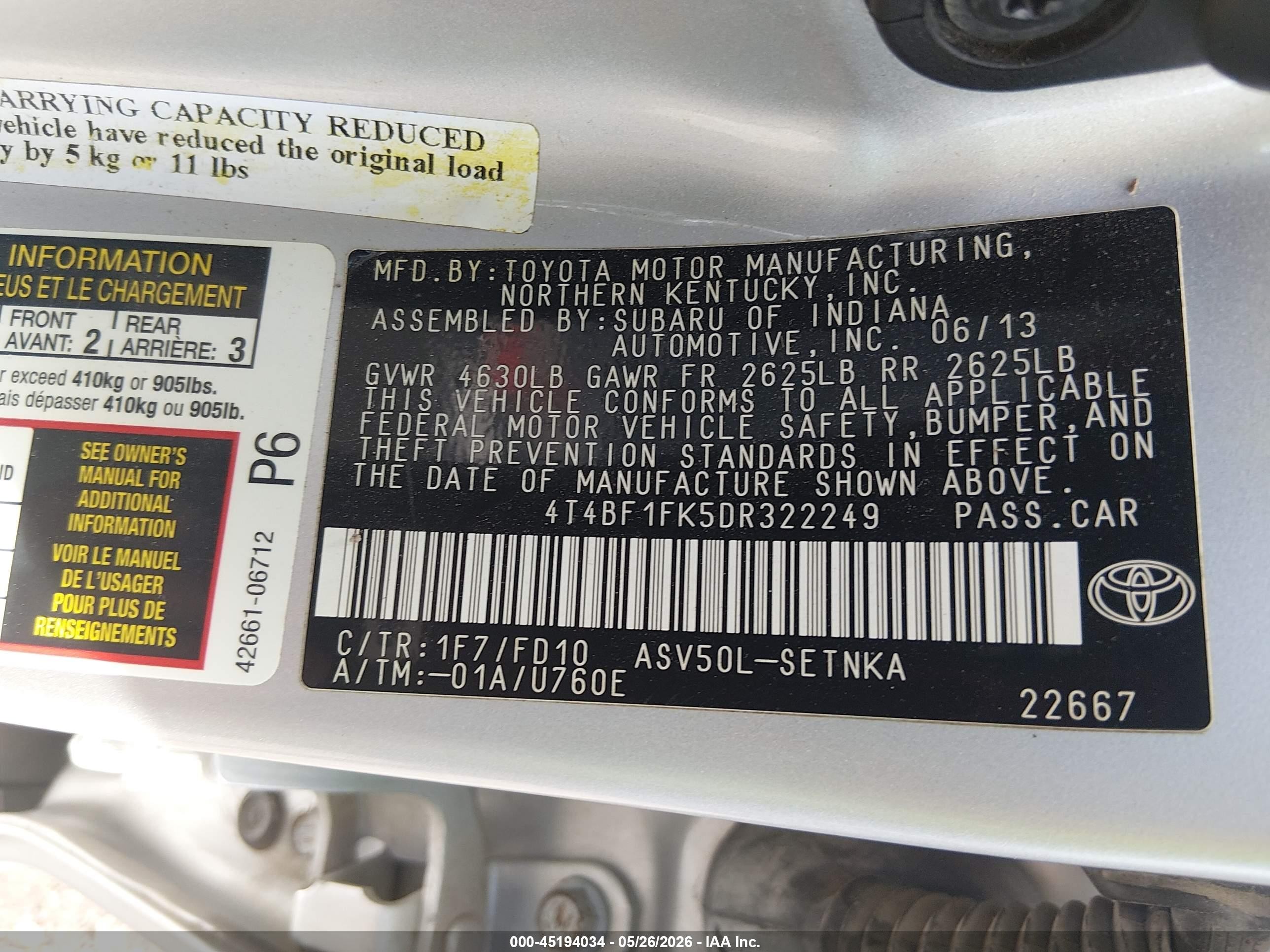 2013 Toyota Camry Le Silver vin: 4T4BF1FK5DR322249