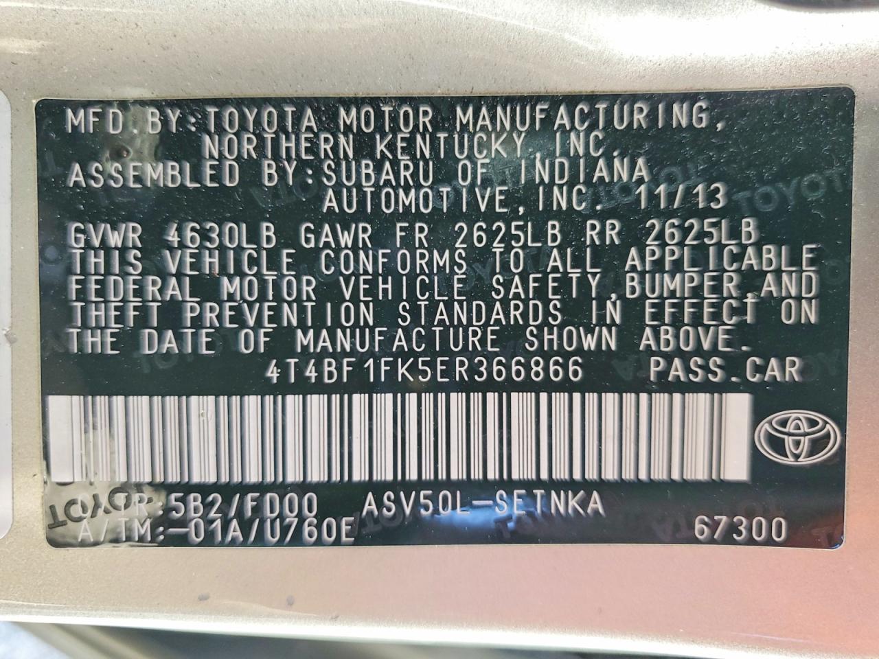 2014 Toyota Camry Le Beige vin: 4T4BF1FK5ER366866