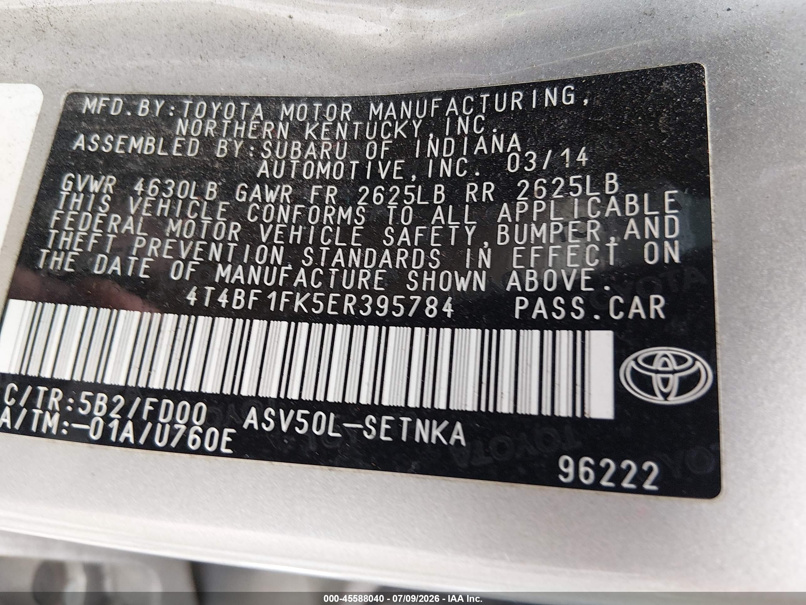 2014 Toyota Camry Le Beige vin: 4T4BF1FK5ER395784