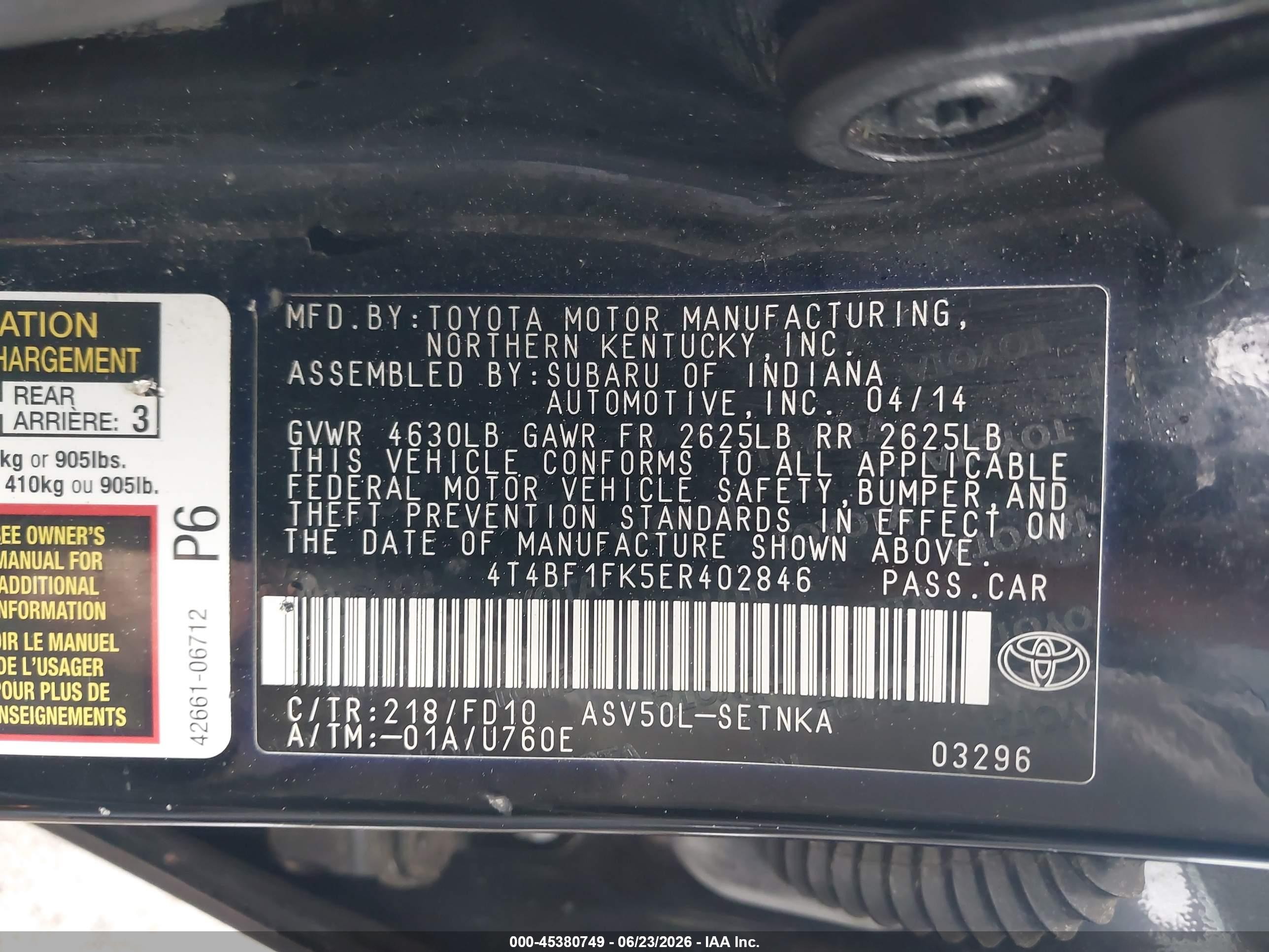 2014 Toyota Camry Le Black vin: 4T4BF1FK5ER402846