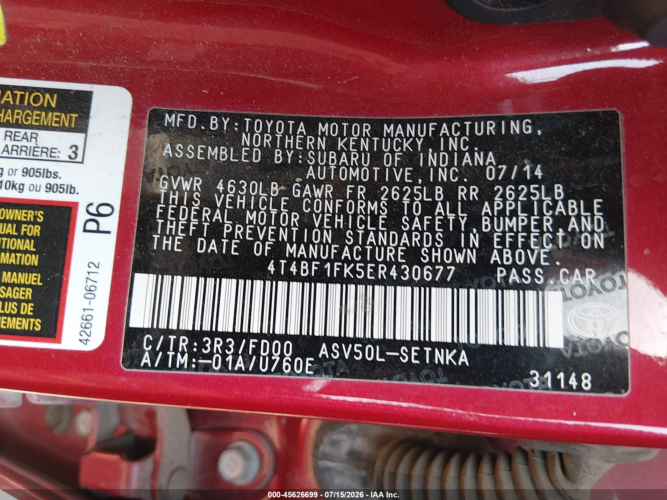 2014 Toyota Camry Le Red vin: 4T4BF1FK5ER430677