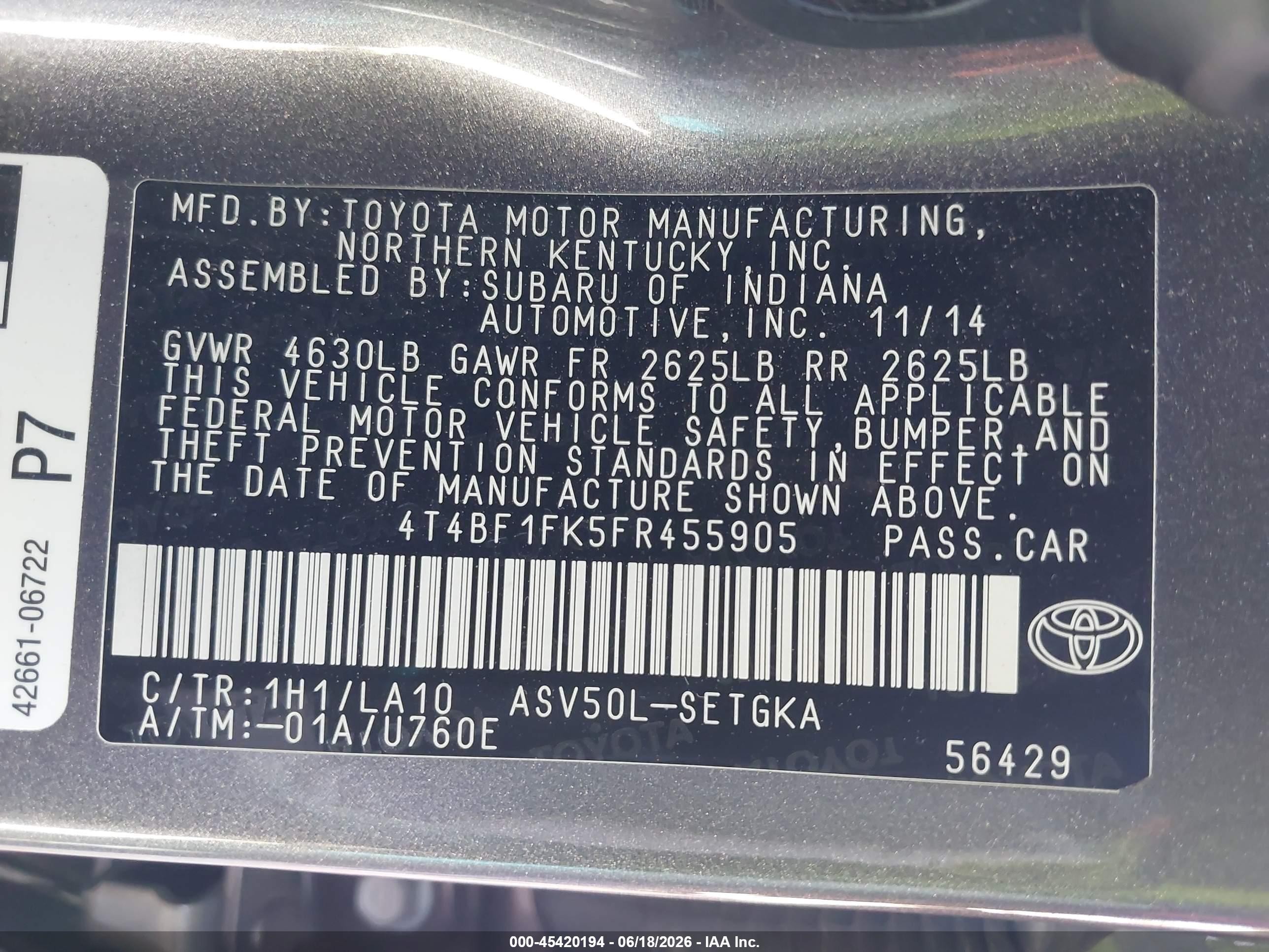 2015 Toyota Camry Xle Gray vin: 4T4BF1FK5FR455905