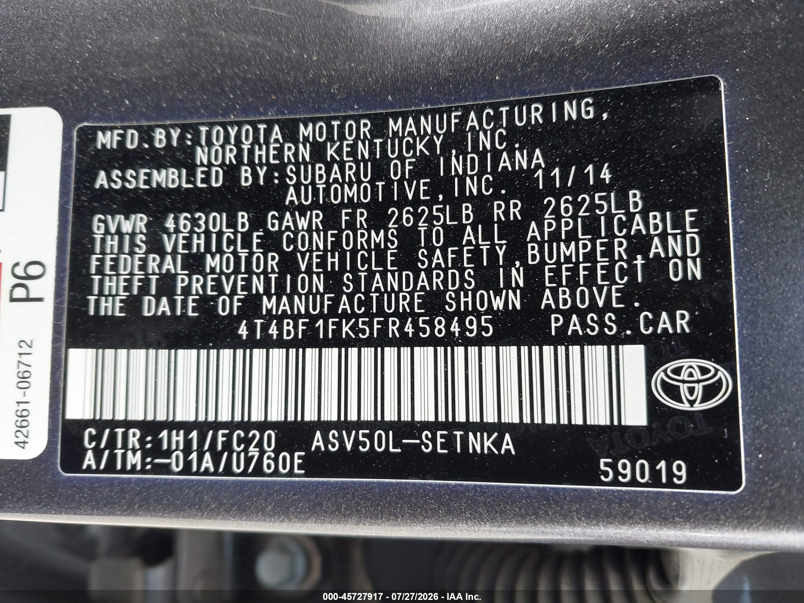 2015 Toyota Camry Le Gray vin: 4T4BF1FK5FR458495