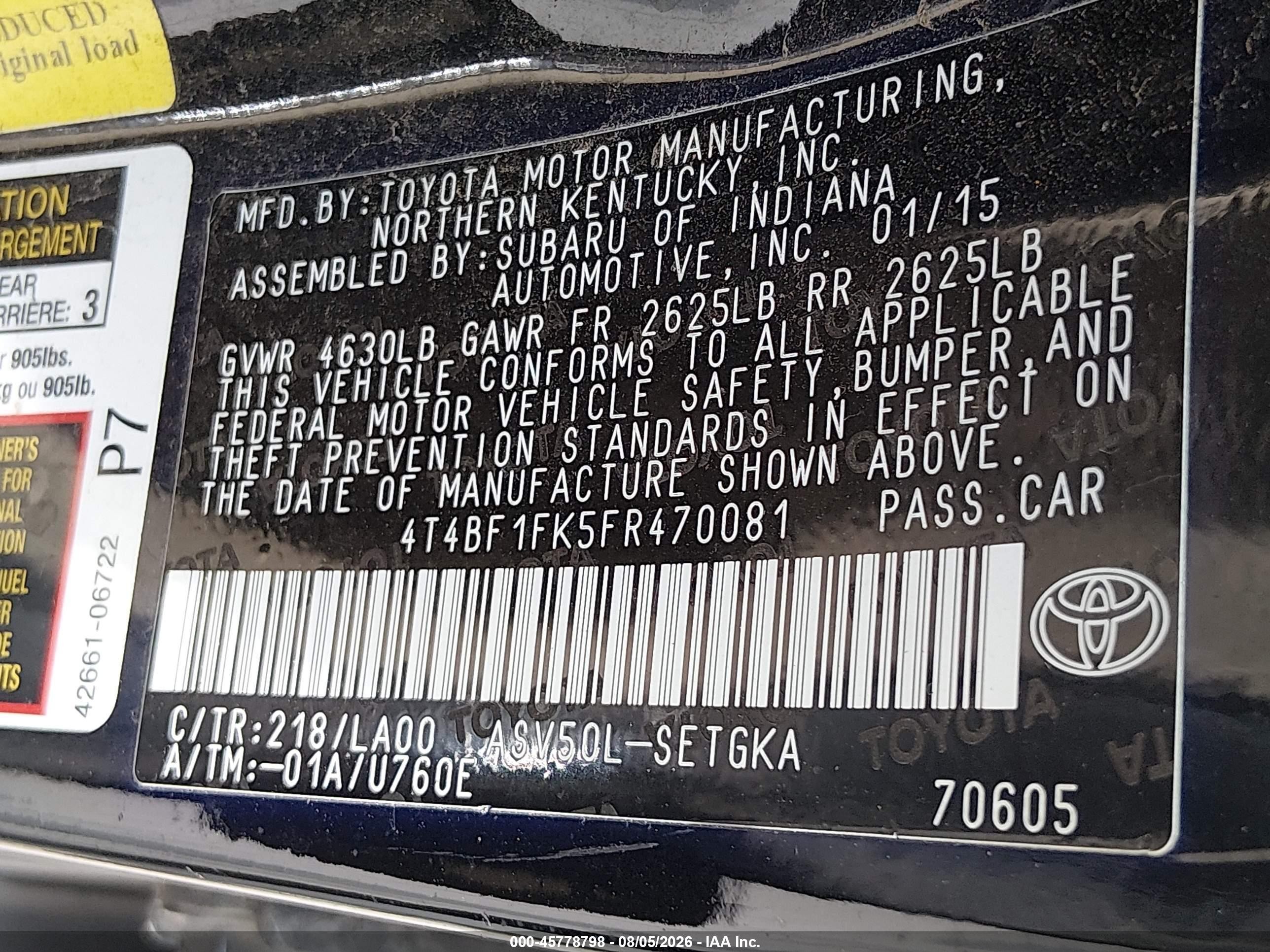 2015 Toyota Camry Xle Black vin: 4T4BF1FK5FR470081