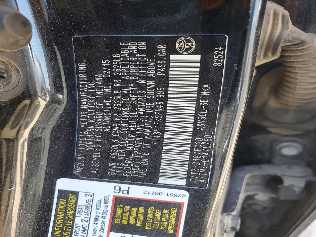 2015 Toyota Camry Le Black vin: 4T4BF1FK5FR481999