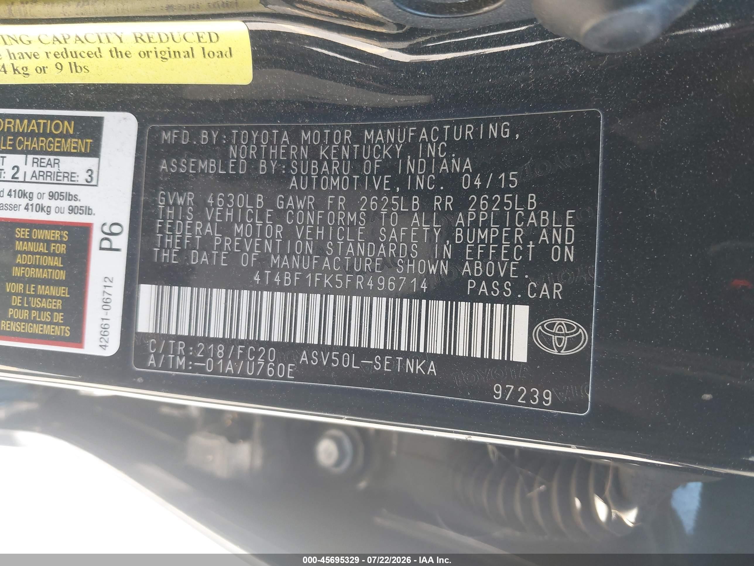 2015 Toyota Camry Le Black vin: 4T4BF1FK5FR496714