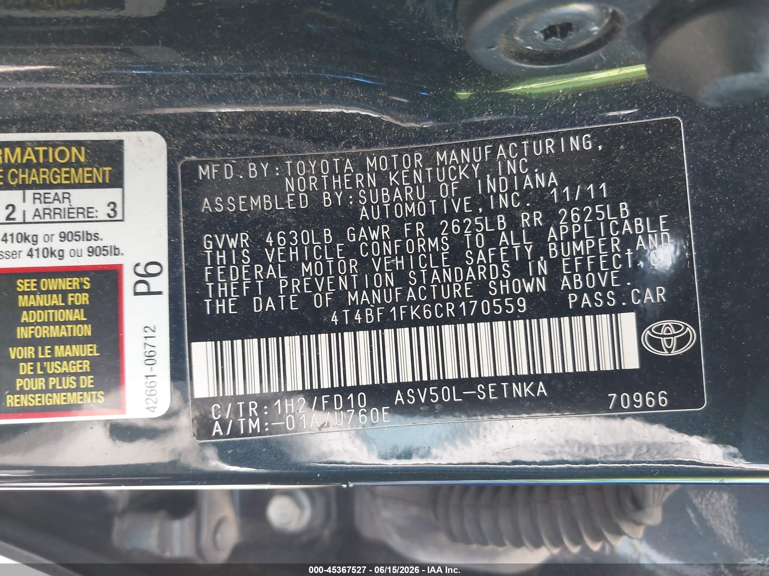 2012 Toyota Camry Le Dark Blue vin: 4T4BF1FK6CR170559