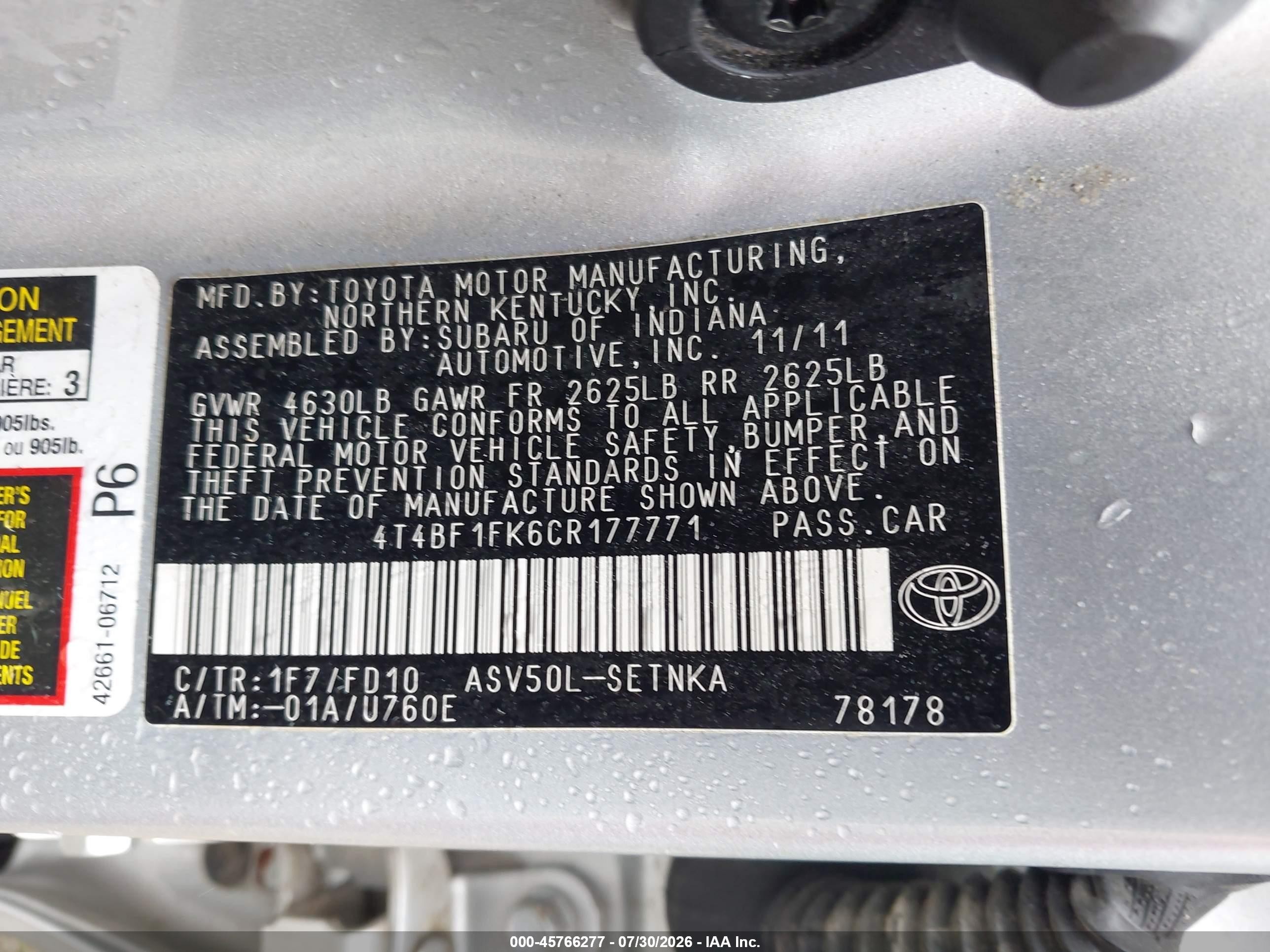 2012 Toyota Camry Le Серебряный vin: 4T4BF1FK6CR177771