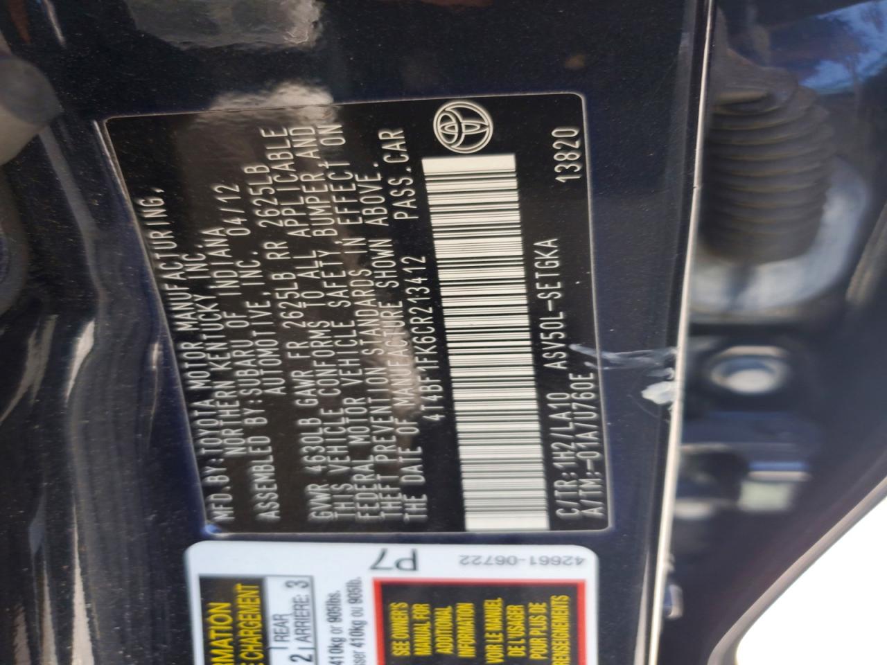 2012 Toyota Camry Xle Black vin: 4T4BF1FK6CR213412