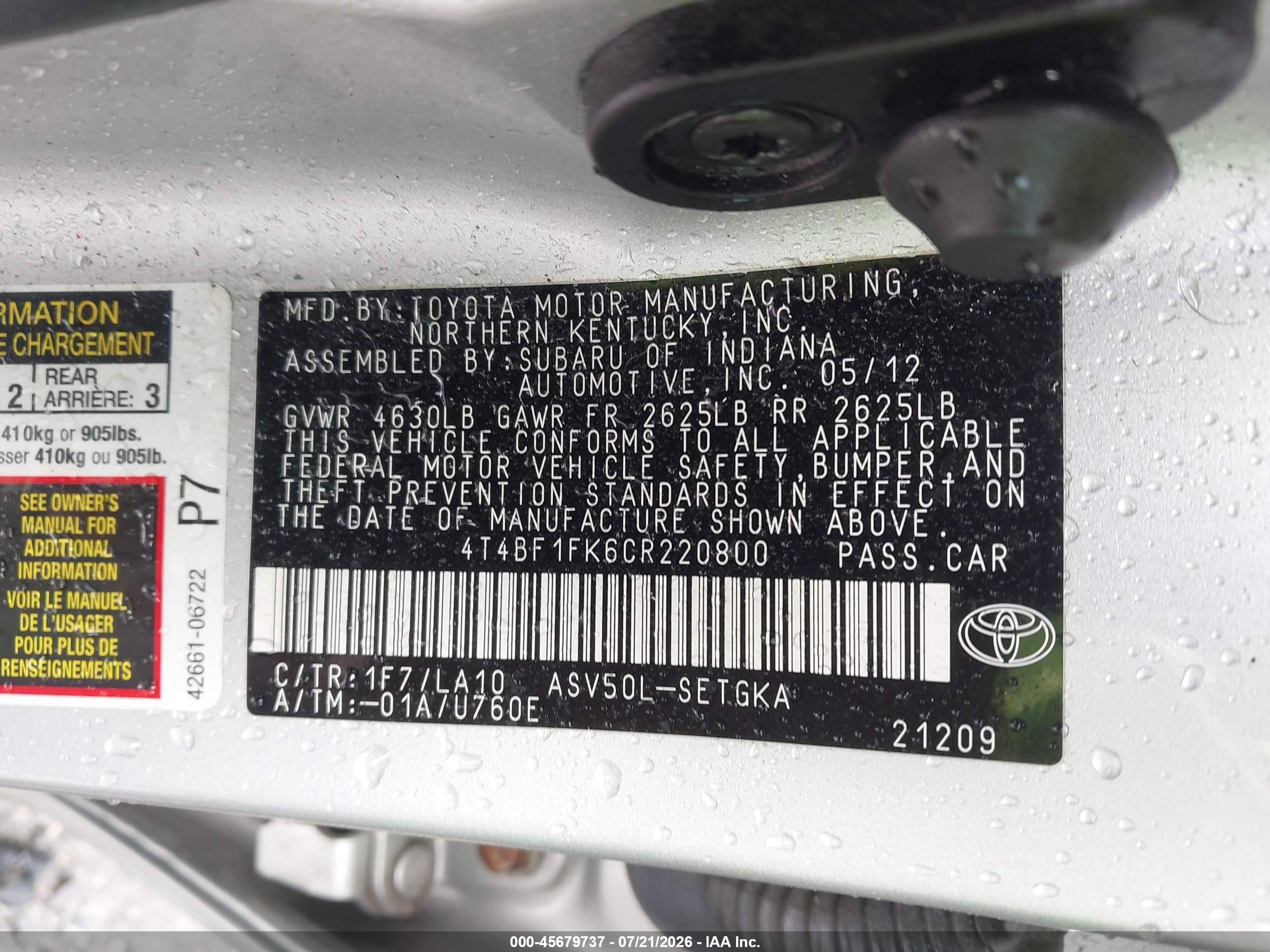 2012 Toyota Camry Xle Silver vin: 4T4BF1FK6CR220800