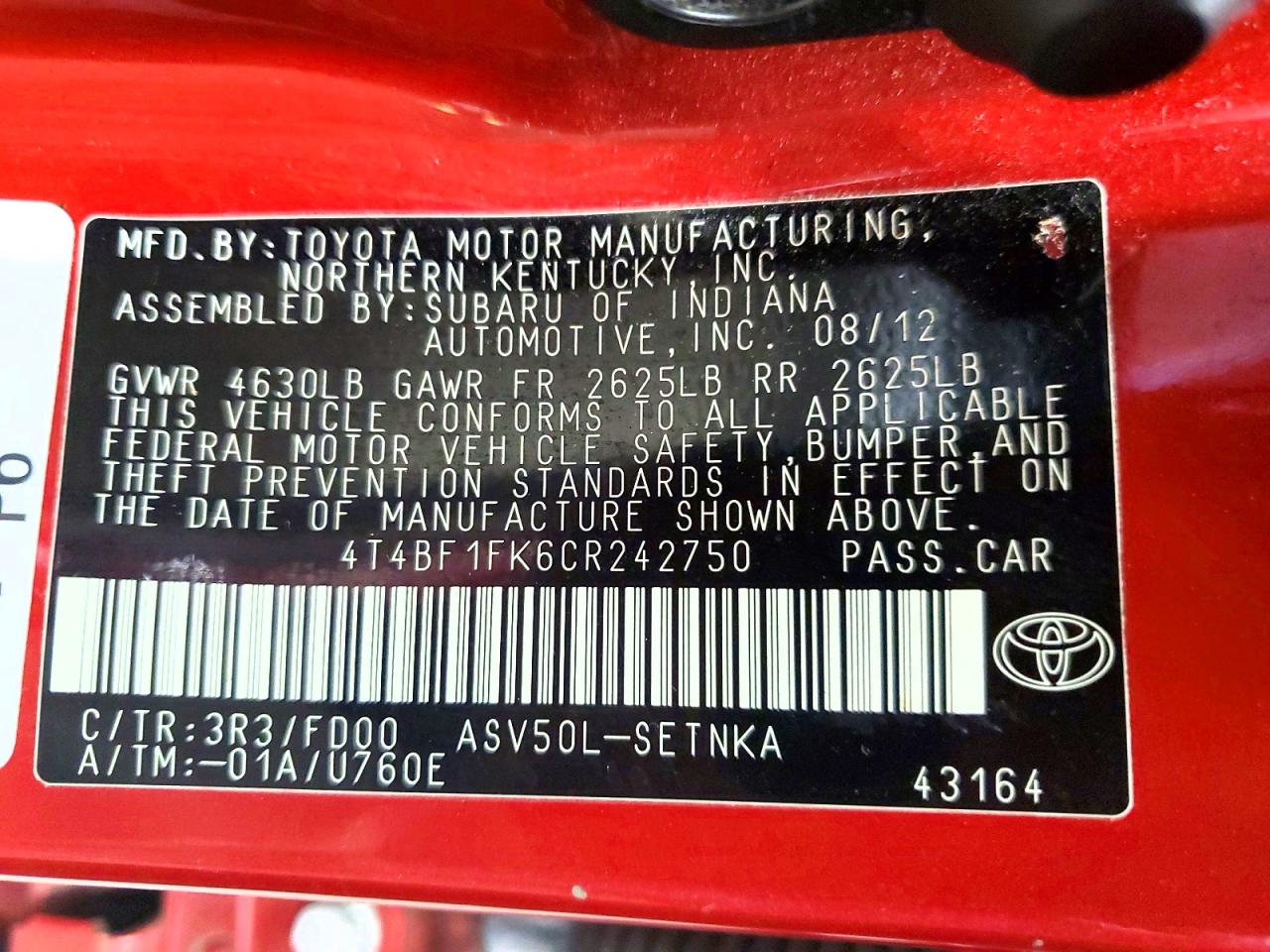 2012 Toyota Camry Le Red vin: 4T4BF1FK6CR242750
