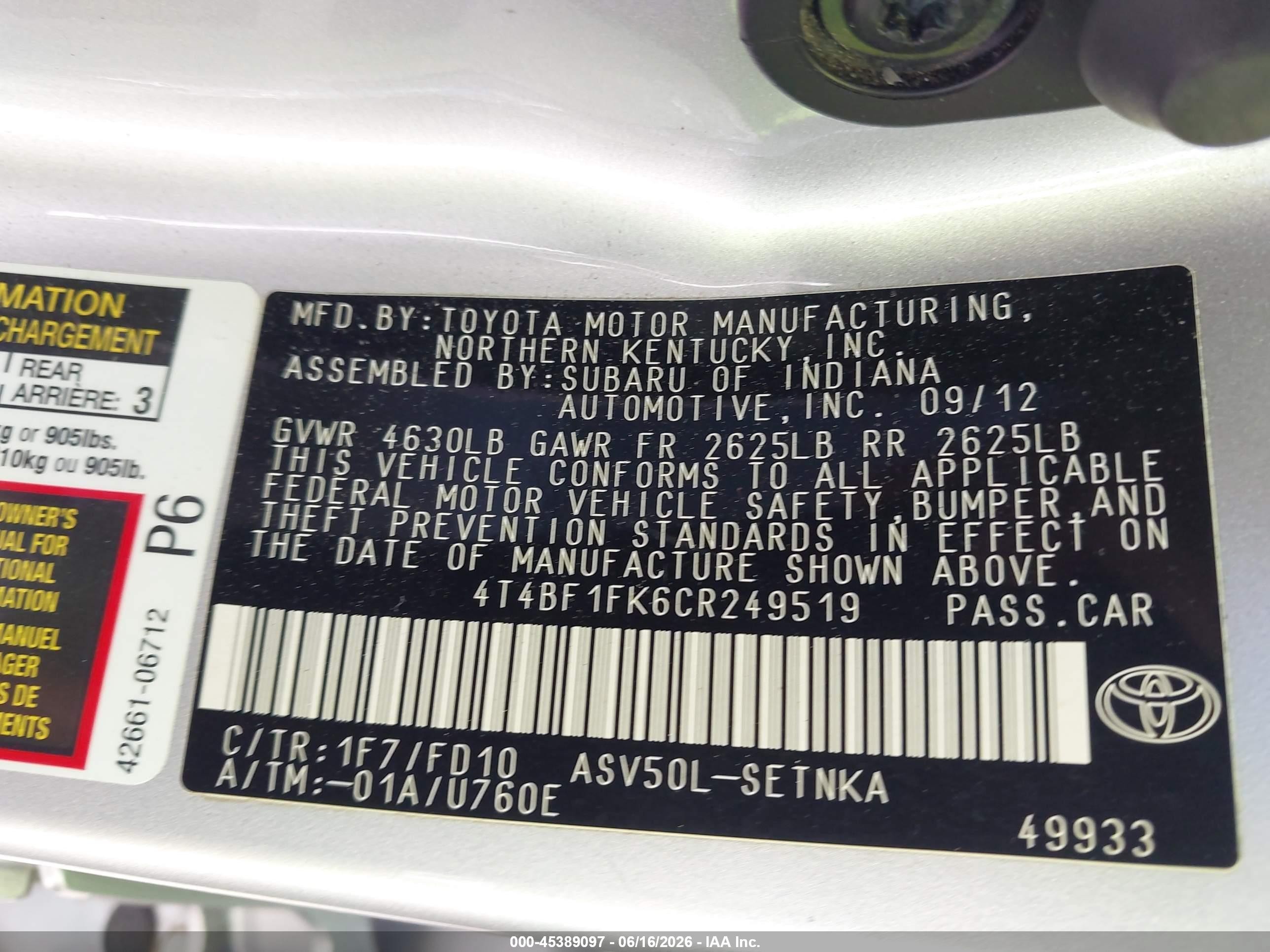 2012 Toyota Camry Le Silver vin: 4T4BF1FK6CR249519