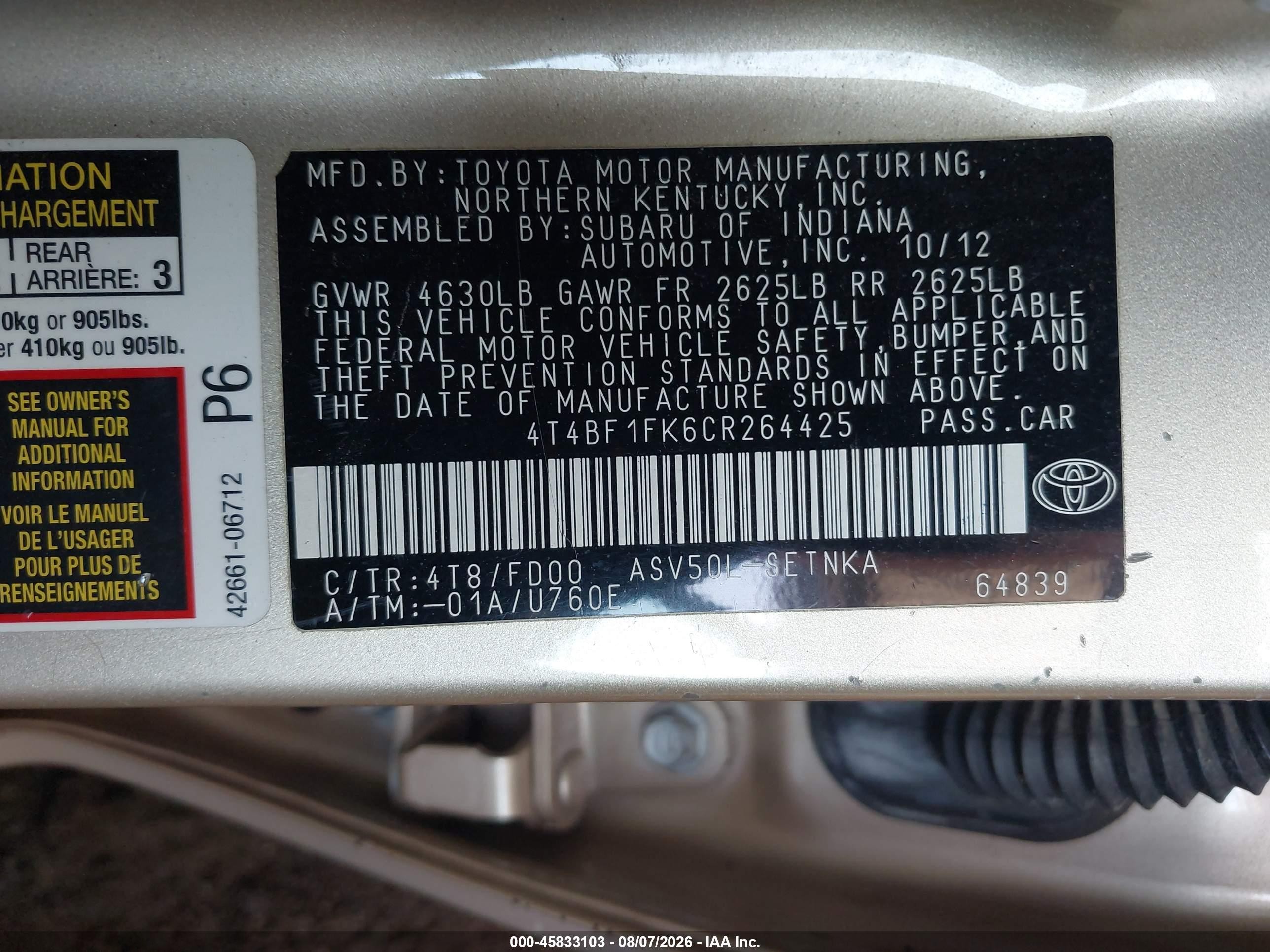 2012 Toyota Camry Le Beige vin: 4T4BF1FK6CR264425