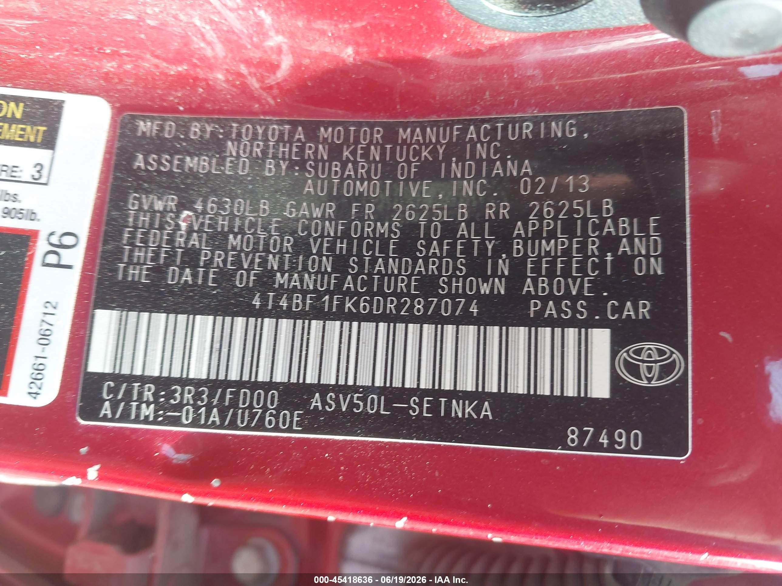 2013 Toyota Camry Le Red vin: 4T4BF1FK6DR287074