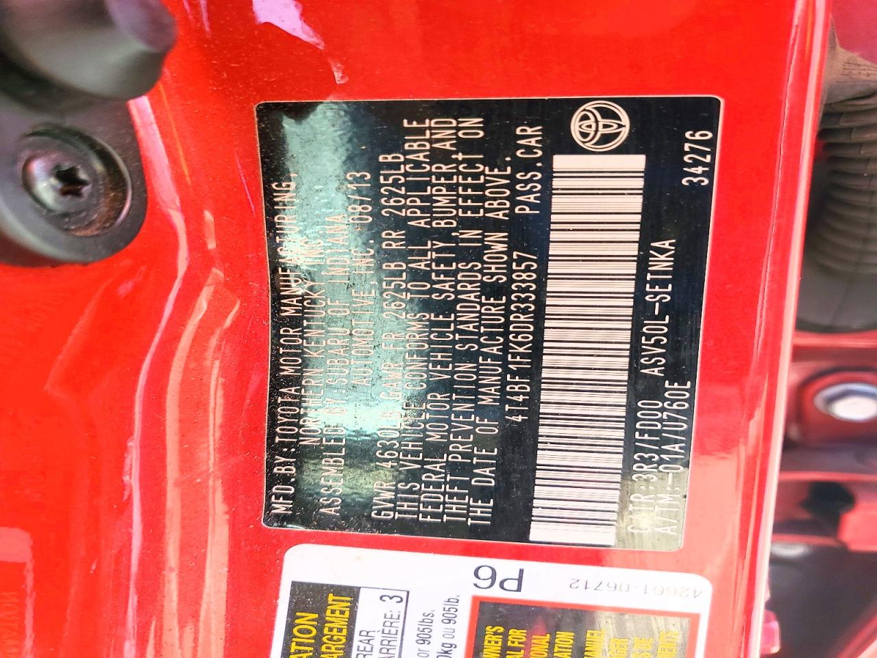 2013 Toyota Camry Le Red vin: 4T4BF1FK6DR333857