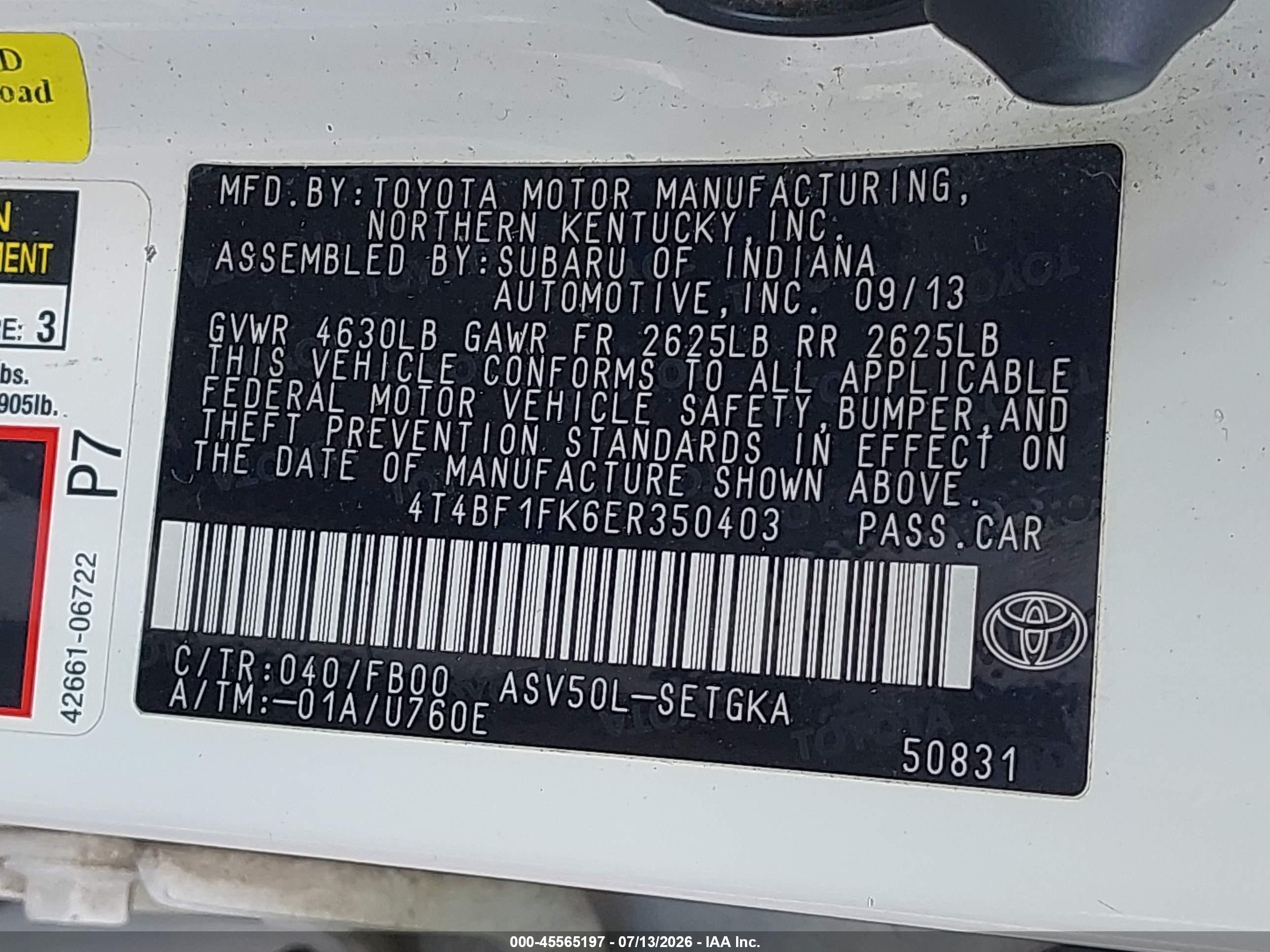 2014 Toyota Camry Xle White vin: 4T4BF1FK6ER350403