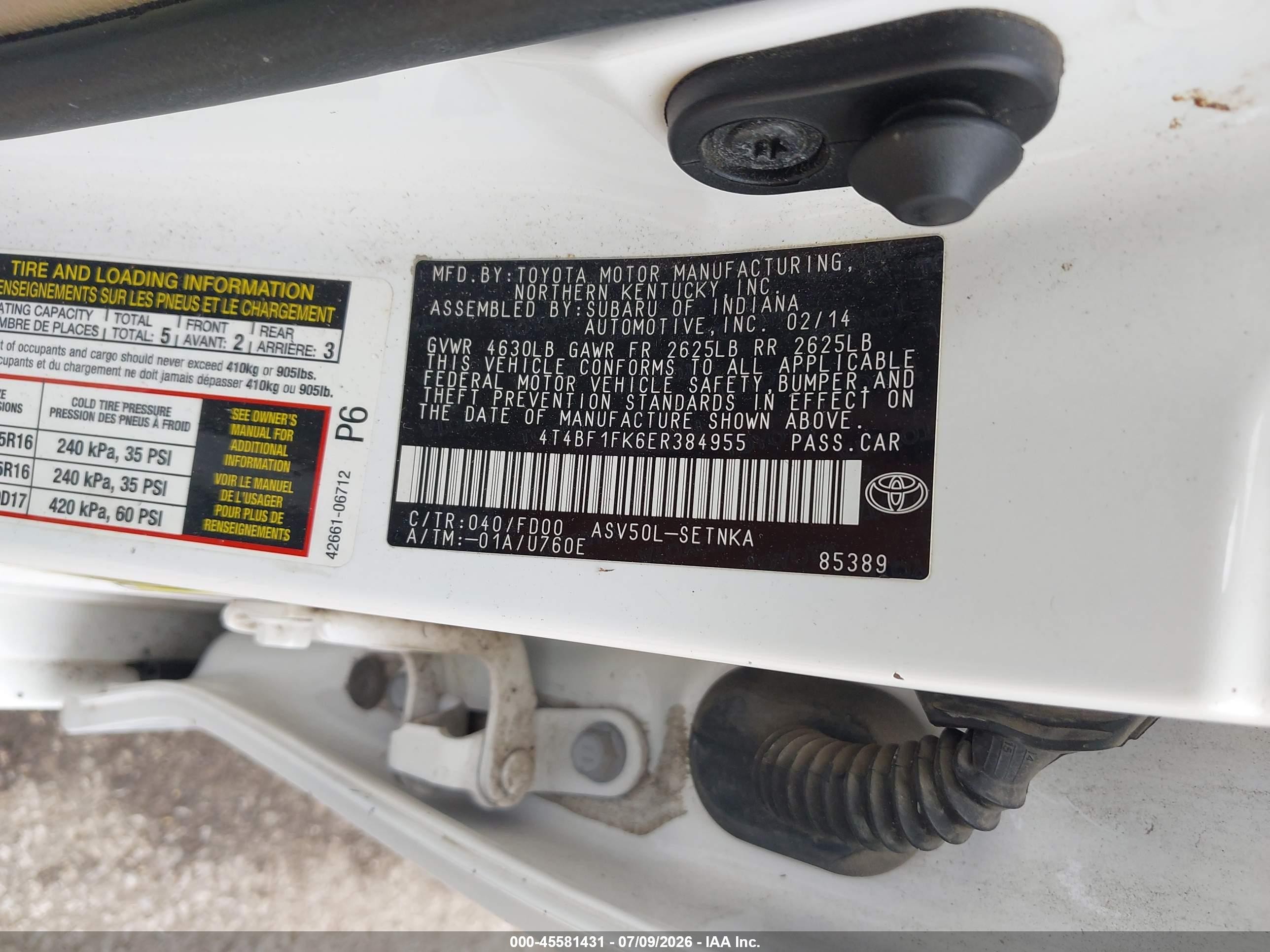 2014 Toyota Camry Le White vin: 4T4BF1FK6ER384955