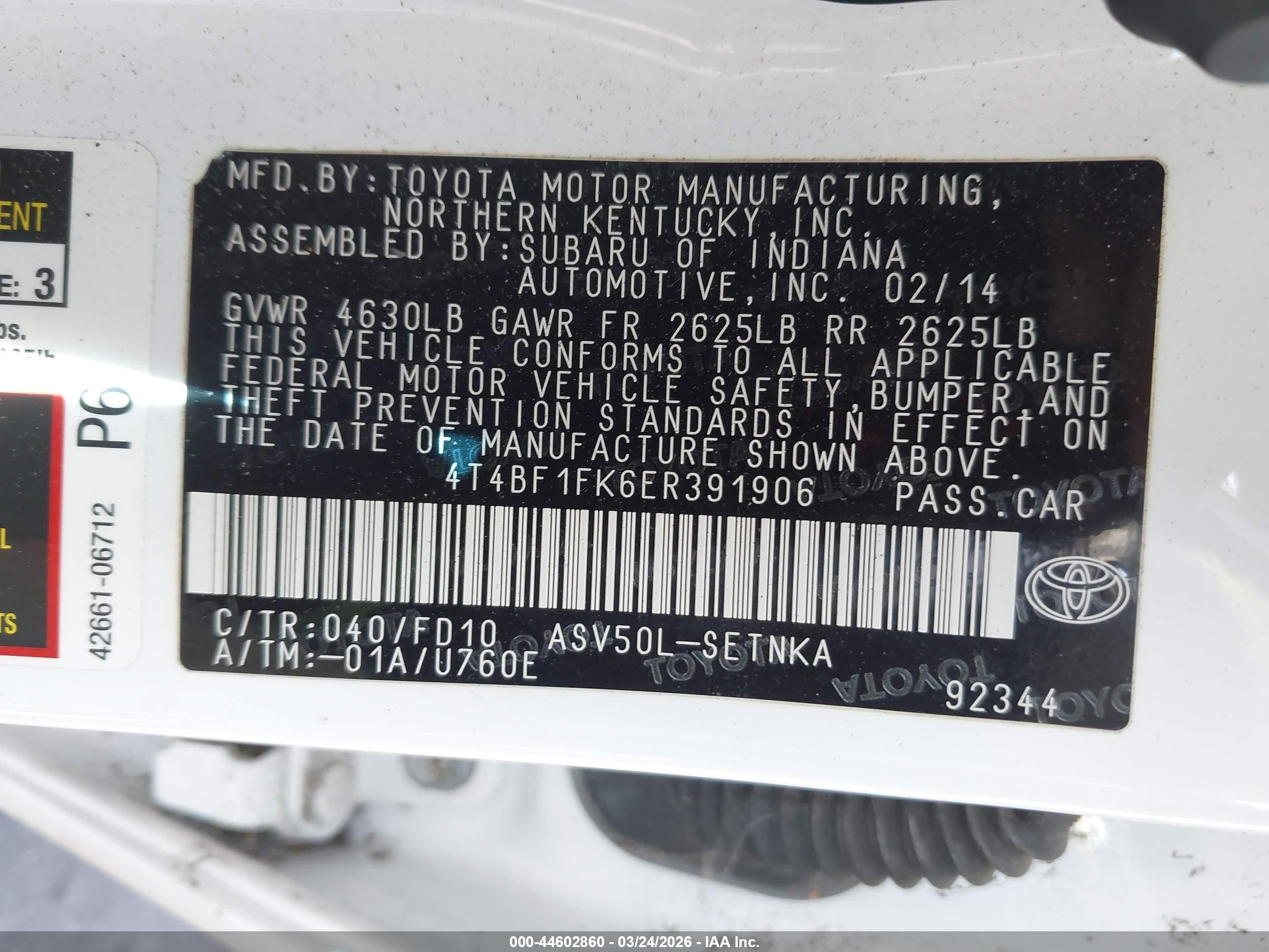 2014 Toyota Camry Le White vin: 4T4BF1FK6ER391906