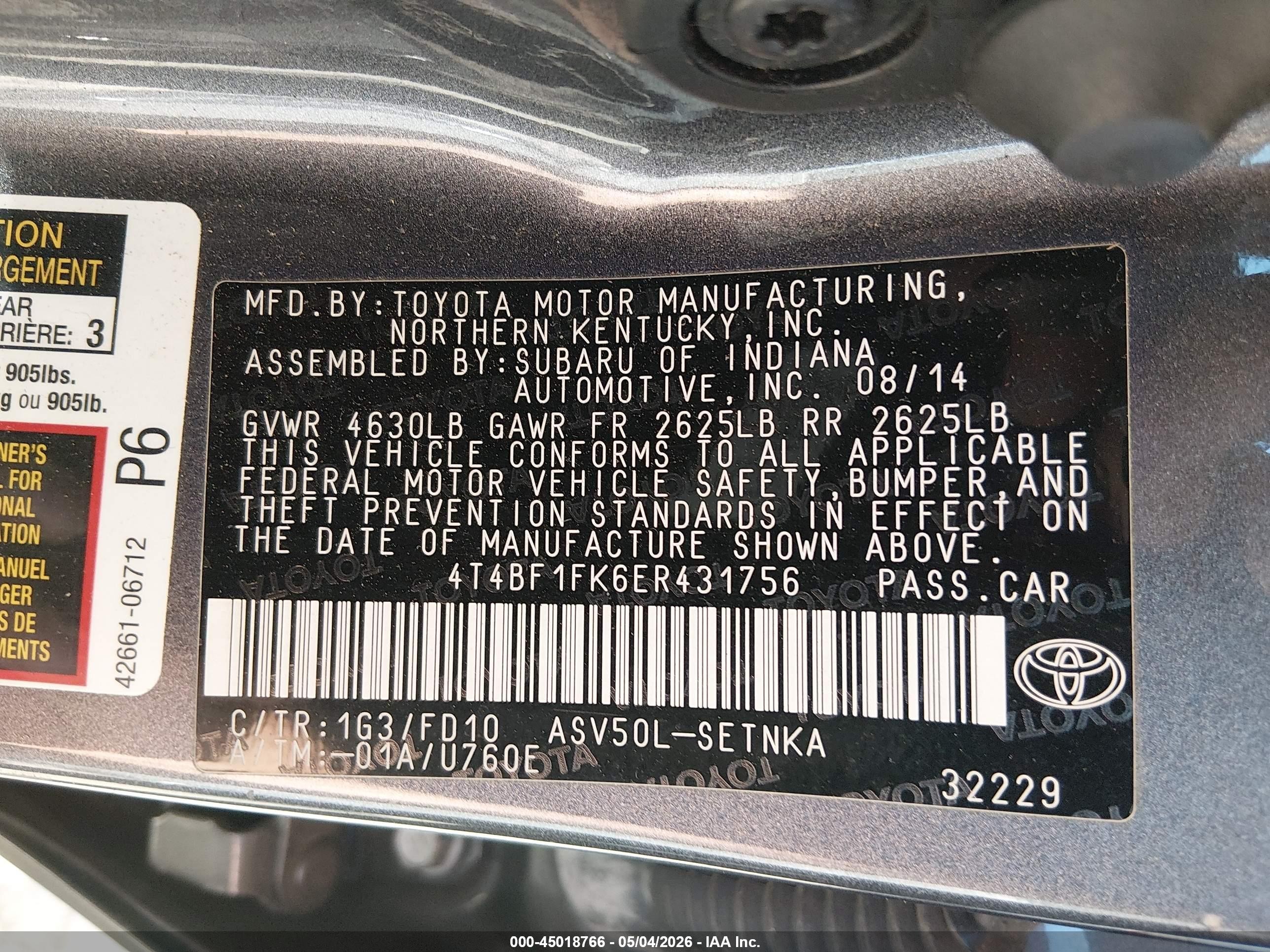 2014 Toyota Camry Le Tan vin: 4T4BF1FK6ER431756