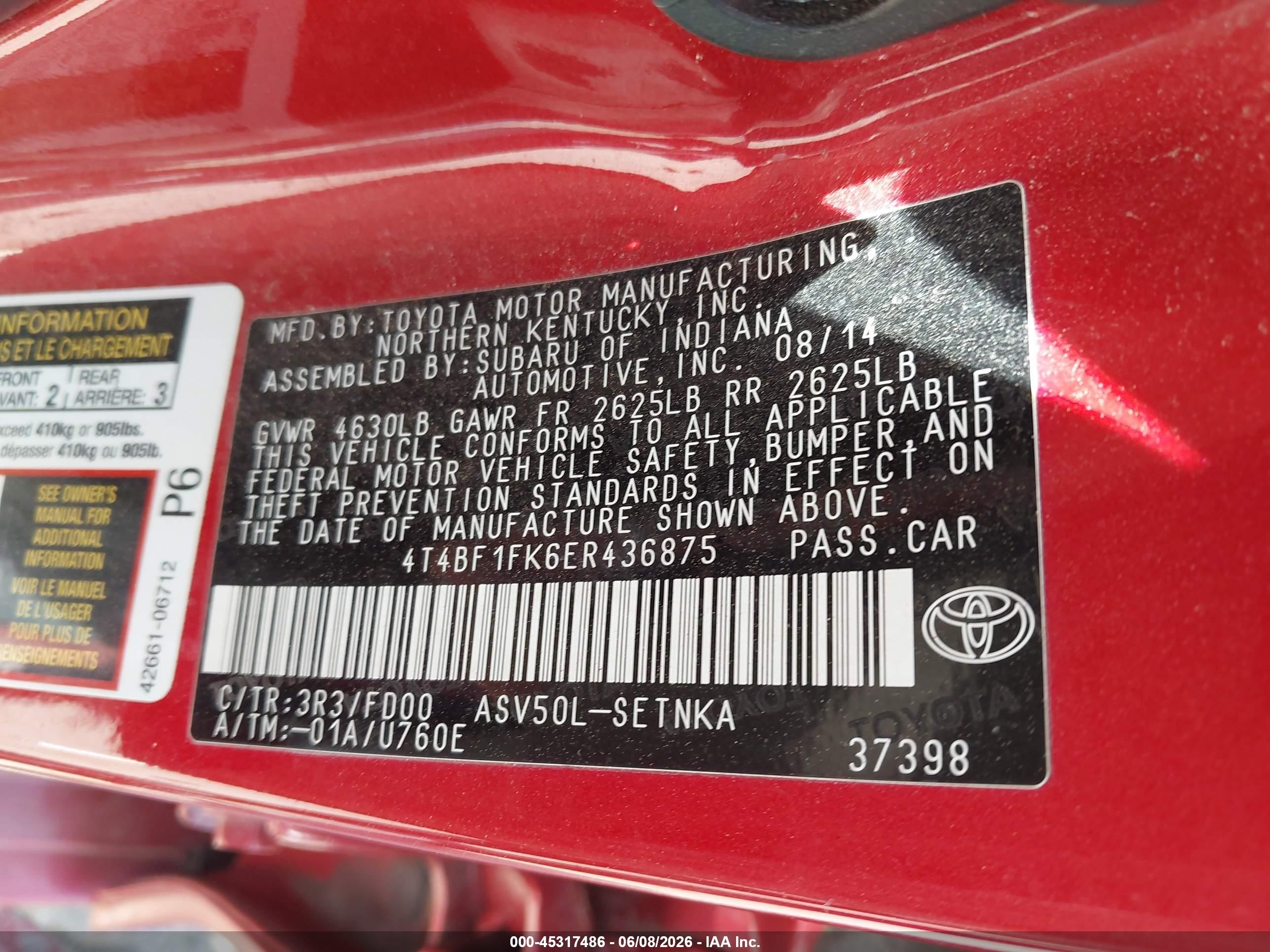 2014 Toyota Camry Le Red vin: 4T4BF1FK6ER436875