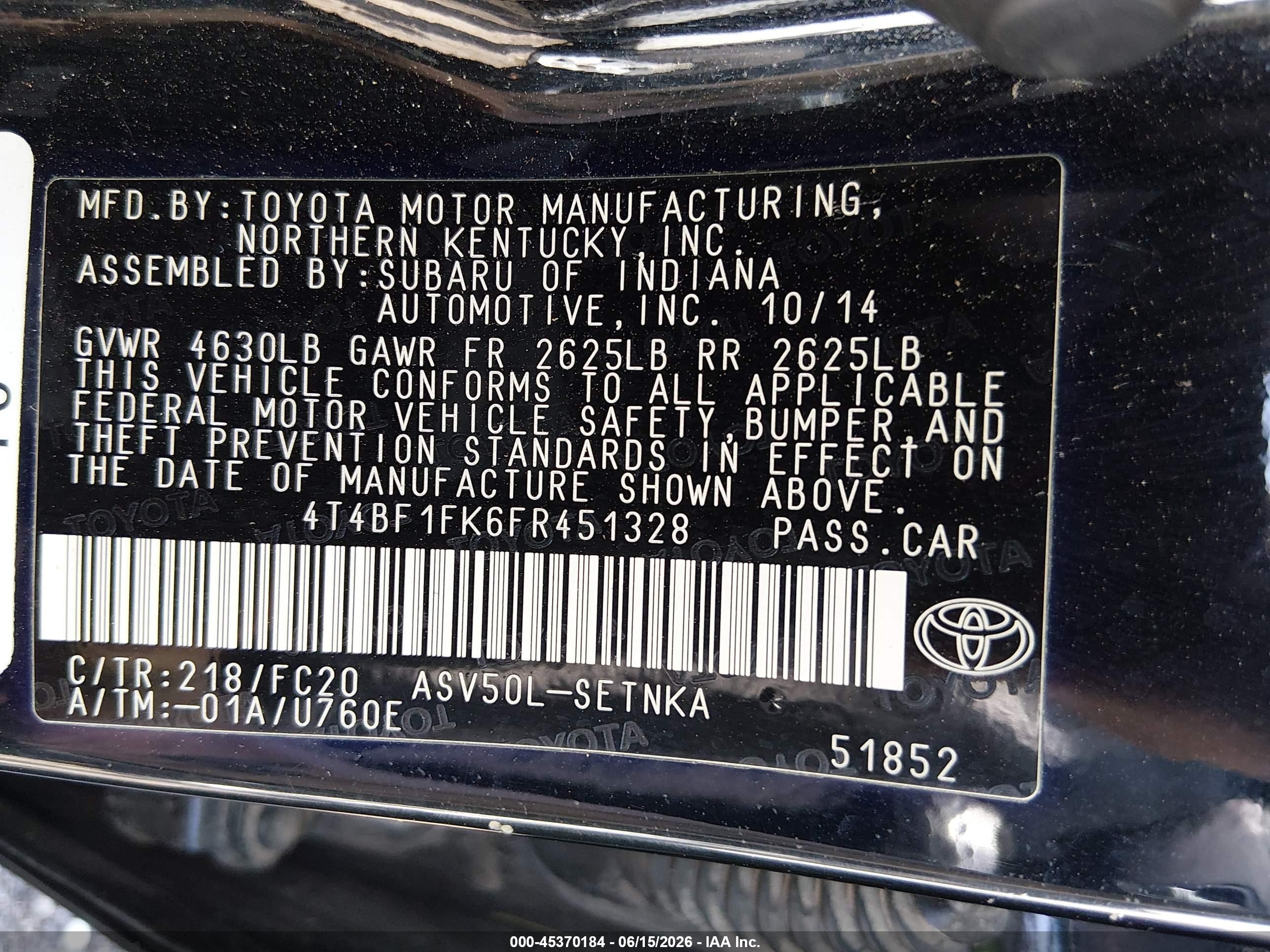 2015 Toyota Camry Le Black vin: 4T4BF1FK6FR451328