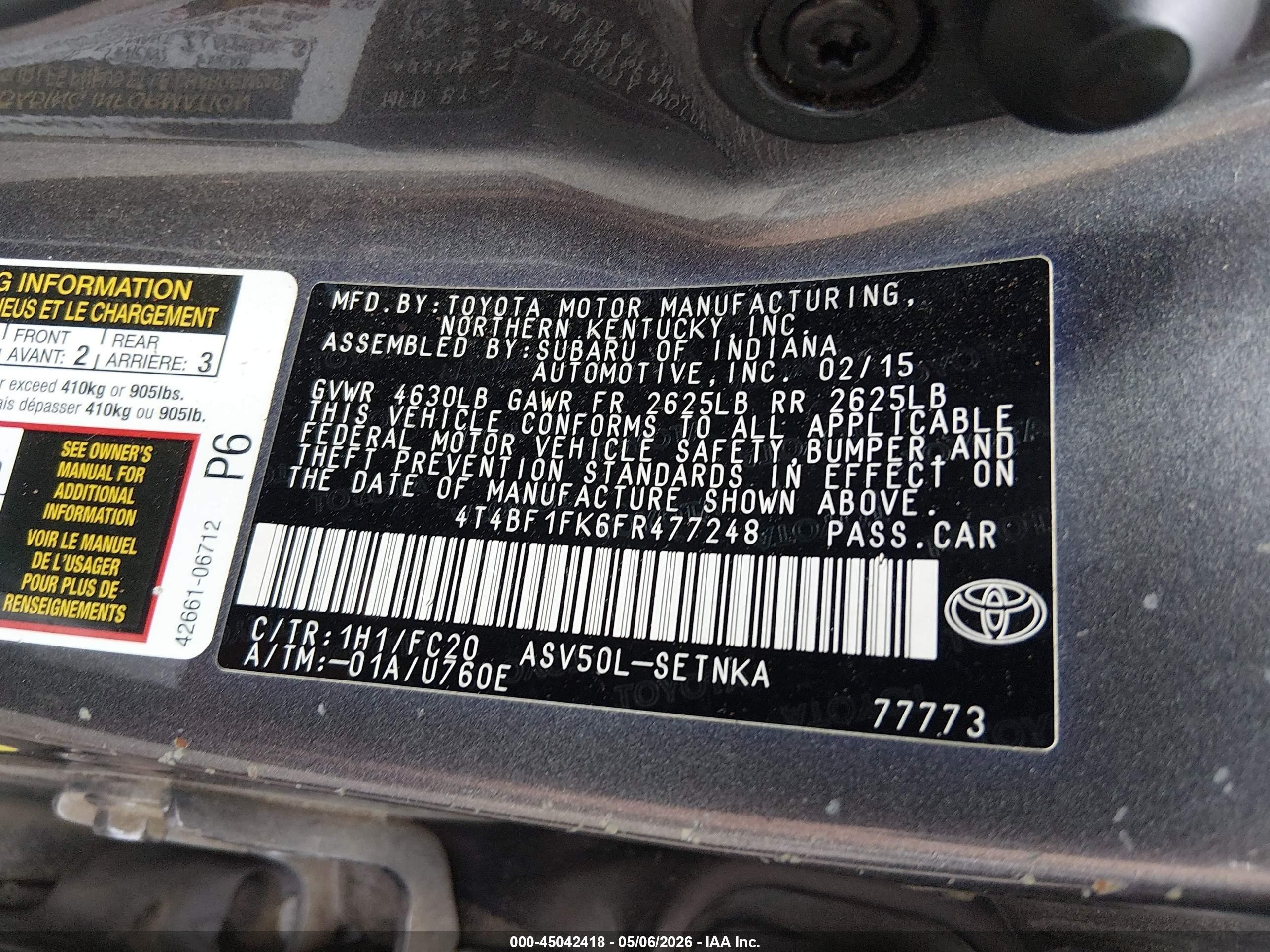 2015 Toyota Camry Le Gray vin: 4T4BF1FK6FR477248