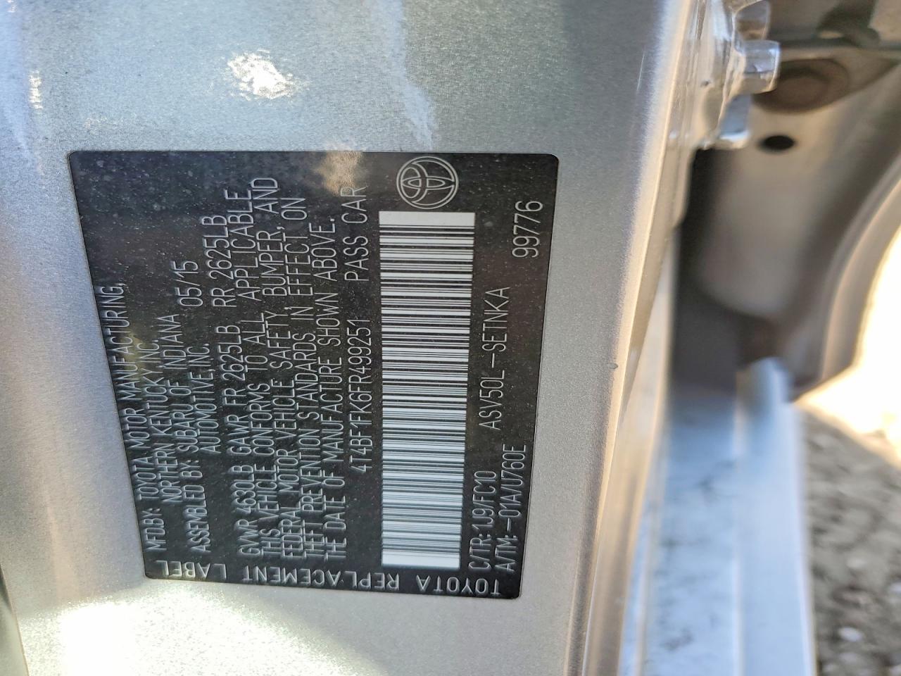 2015 Toyota Camry Le Silver vin: 4T4BF1FK6FR499251