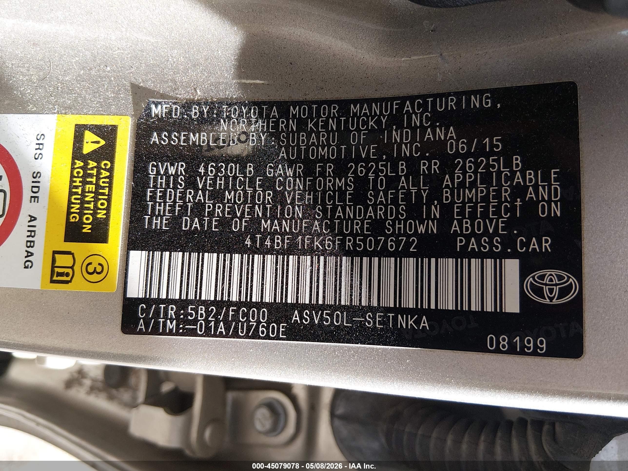 2015 Toyota Camry Le Tan vin: 4T4BF1FK6FR507672