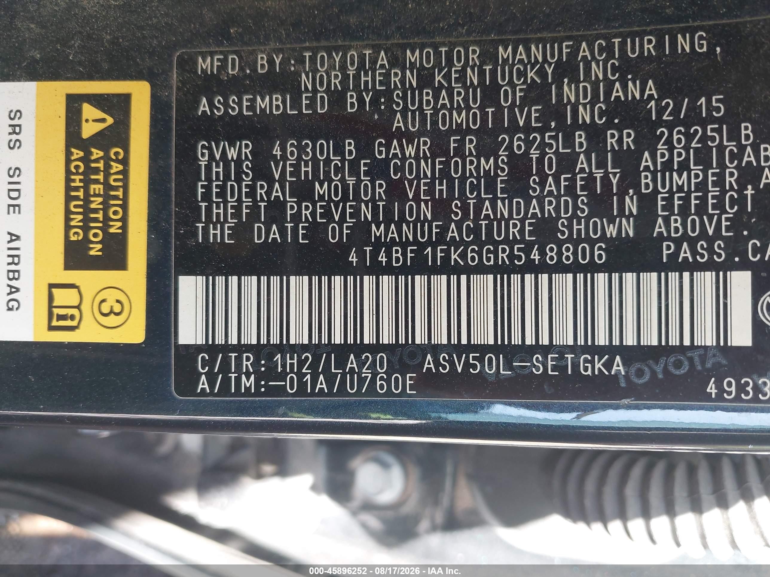 2016 Toyota Camry Xle Black vin: 4T4BF1FK6GR548806