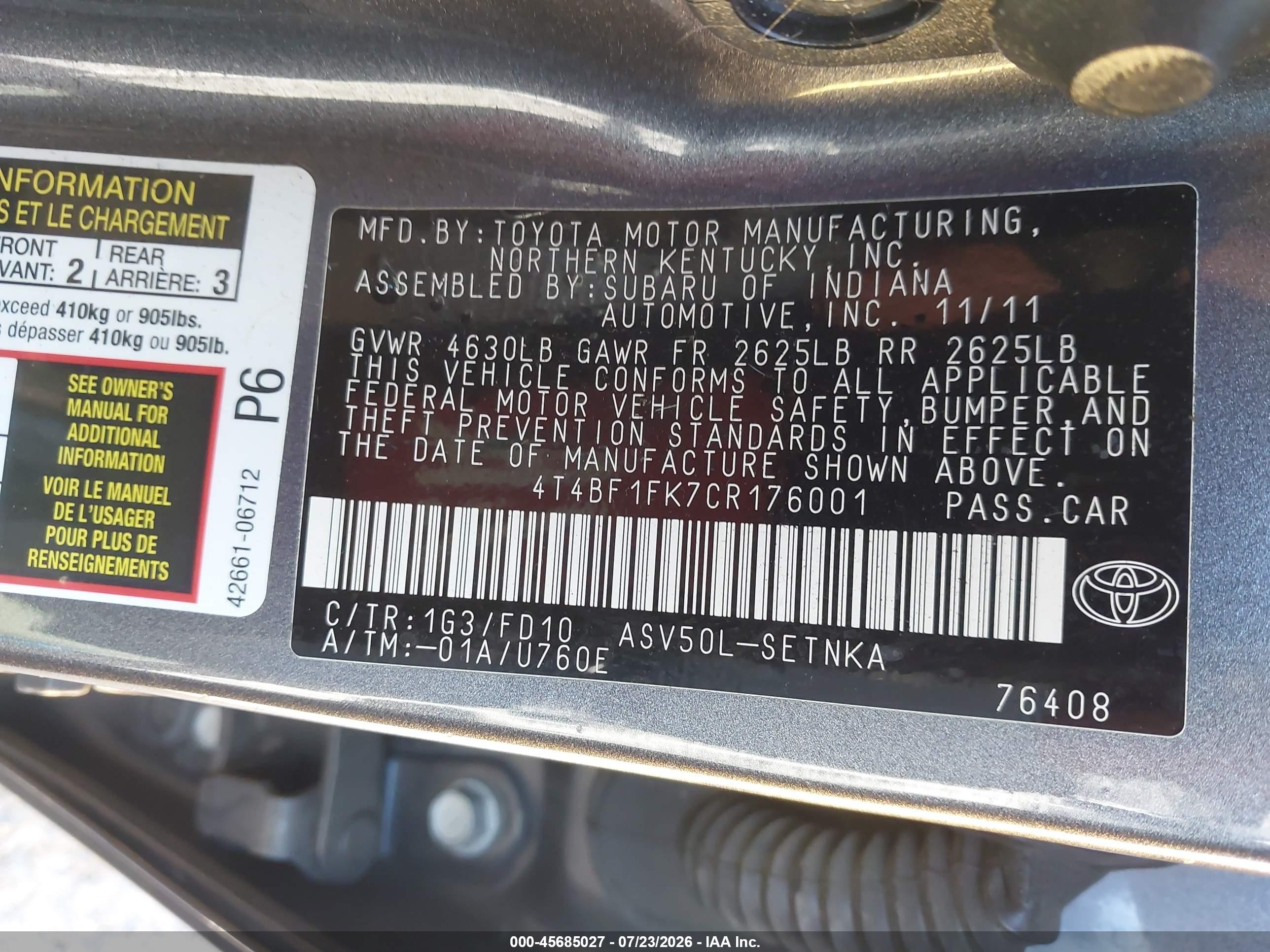 2012 Toyota Camry Le Gray vin: 4T4BF1FK7CR176001